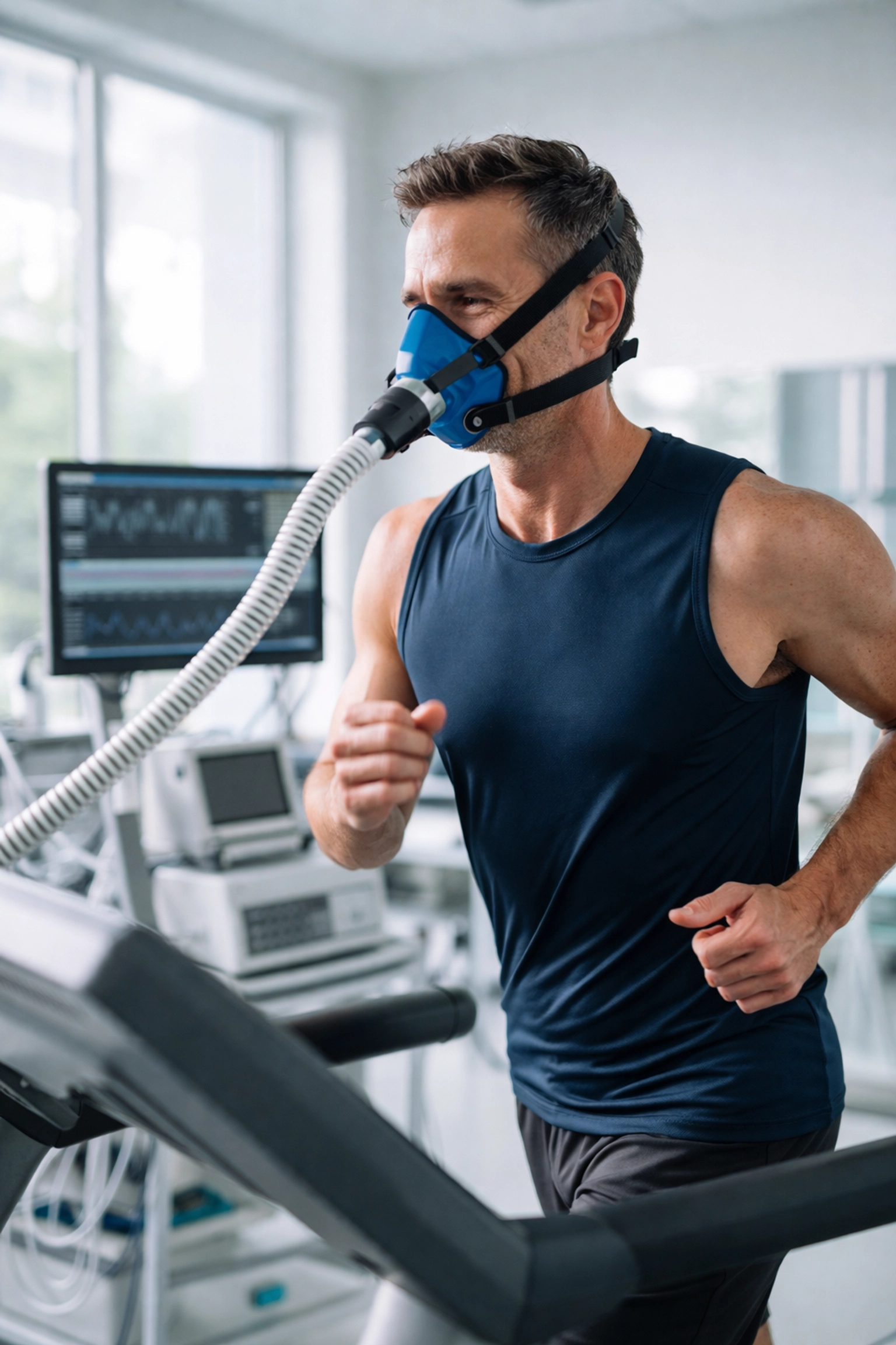 Middle-aged athlete testing VO2 max on treadmill in science lab, highlighting cardiorespiratory fitness assessment.