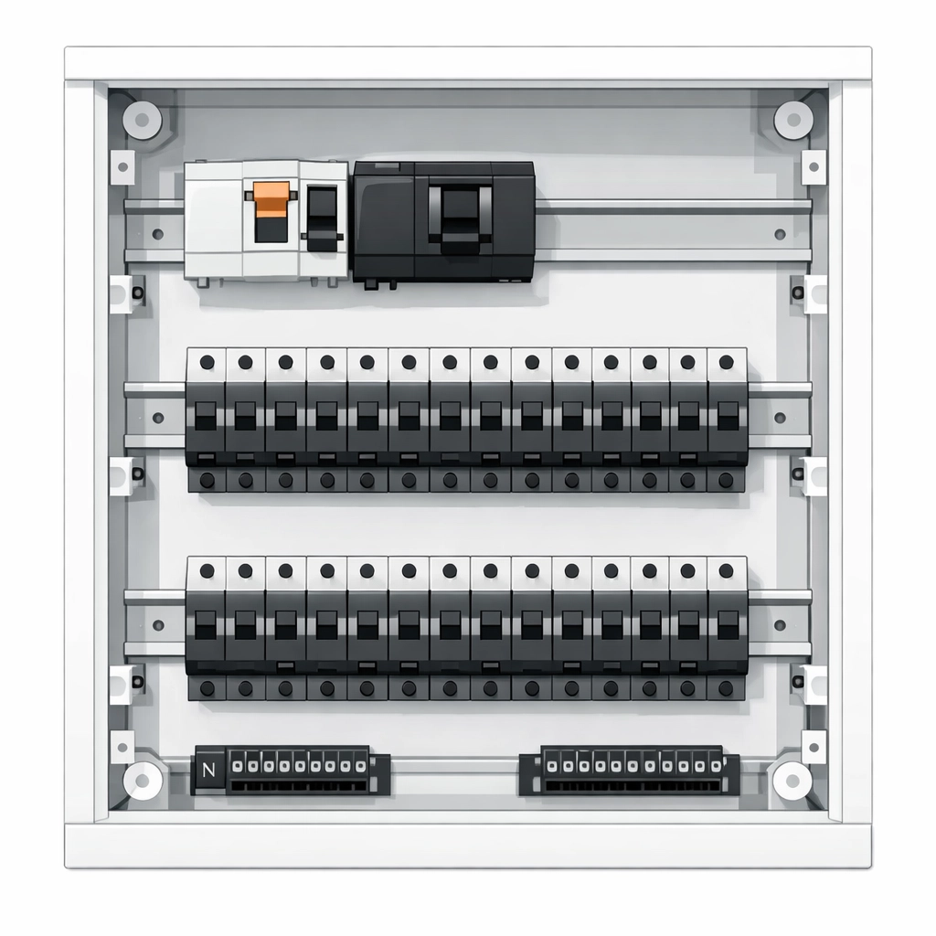 Offener Sicherungskasten als Teil der Elektroinstallation für eine PV-Anlage.