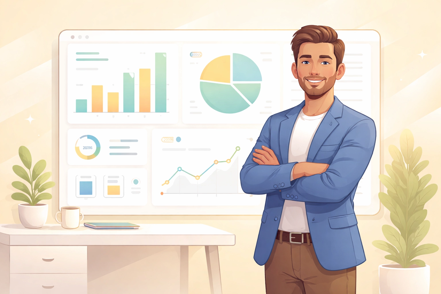 Business owner reviewing a unified dashboard with charts, representing integrated analytics for streamlined business management