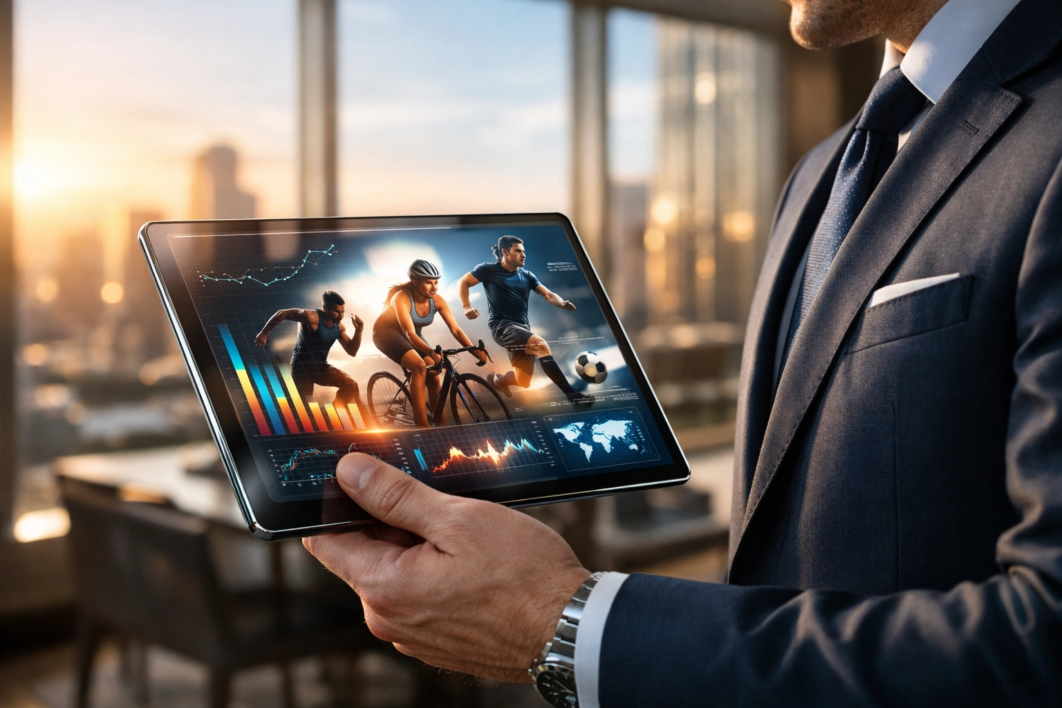 Executive reviewing Sports Media Inc. NIL success metrics and athlete profiles on a modern digital tablet.