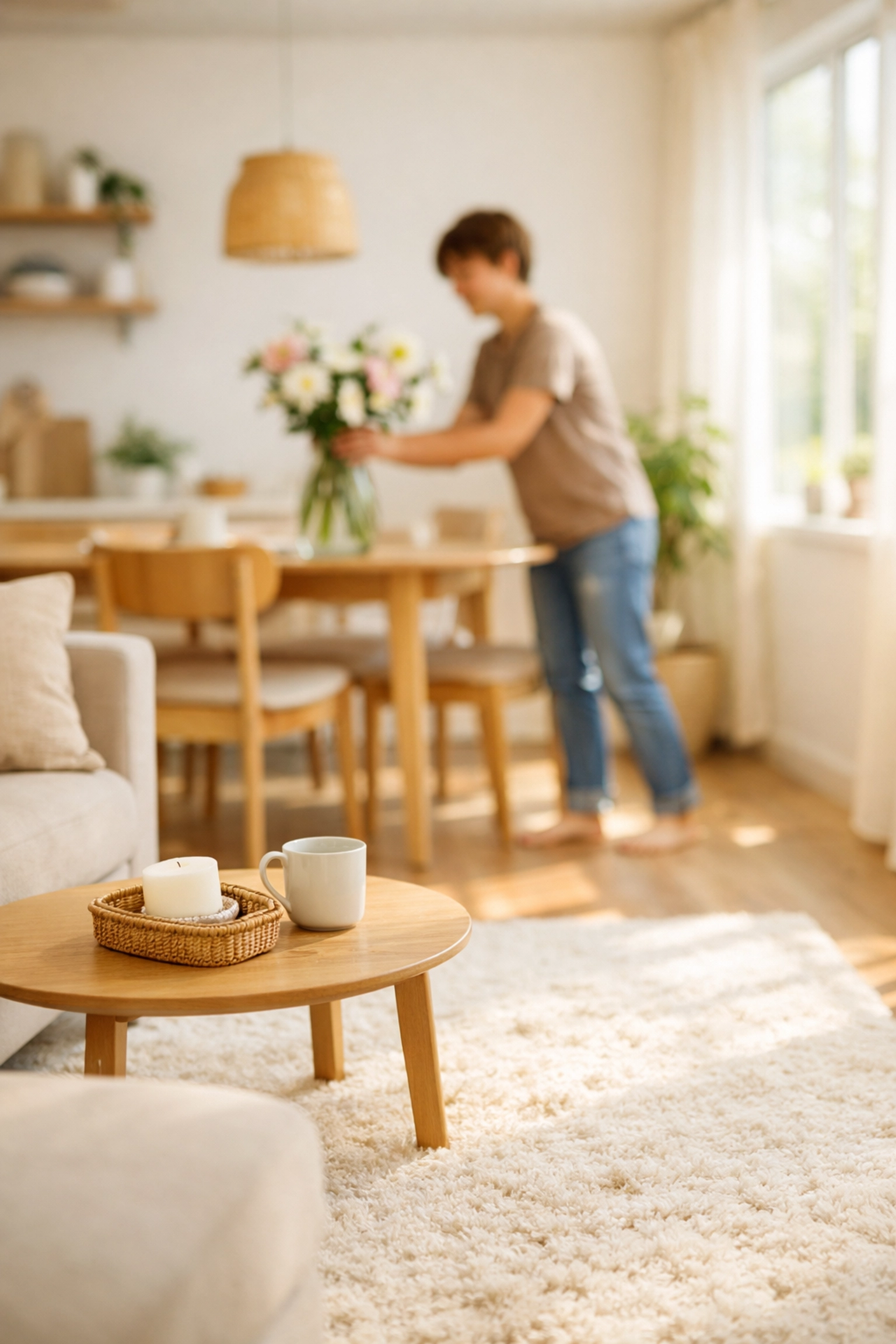 Modern open-plan living room in Cambridgeshire, showing a first-time buyer settling into their new home.