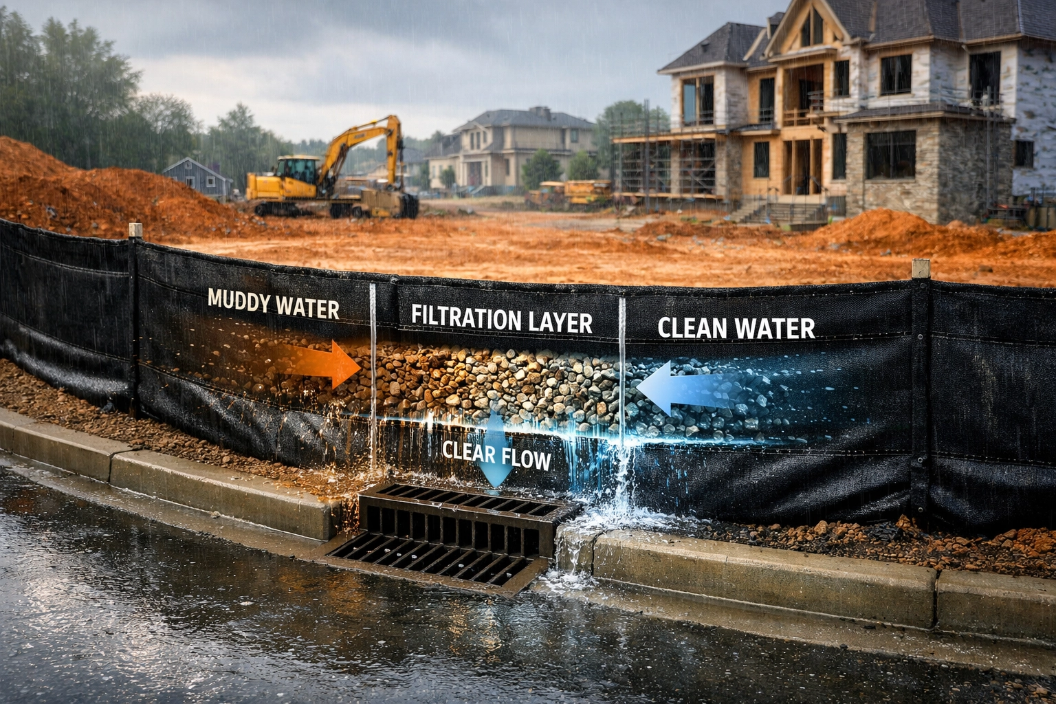 Silt fence and sediment control barriers installed at a GTA construction site to prevent storm sewer runoff.