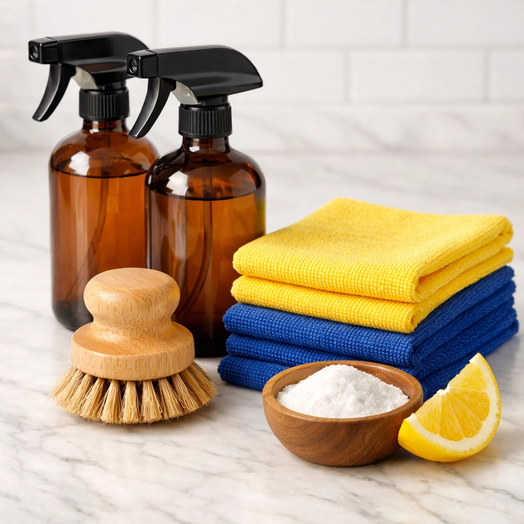 Natural cleaning supplies and microfiber cloths provided by green cleaning services Lowell MA.