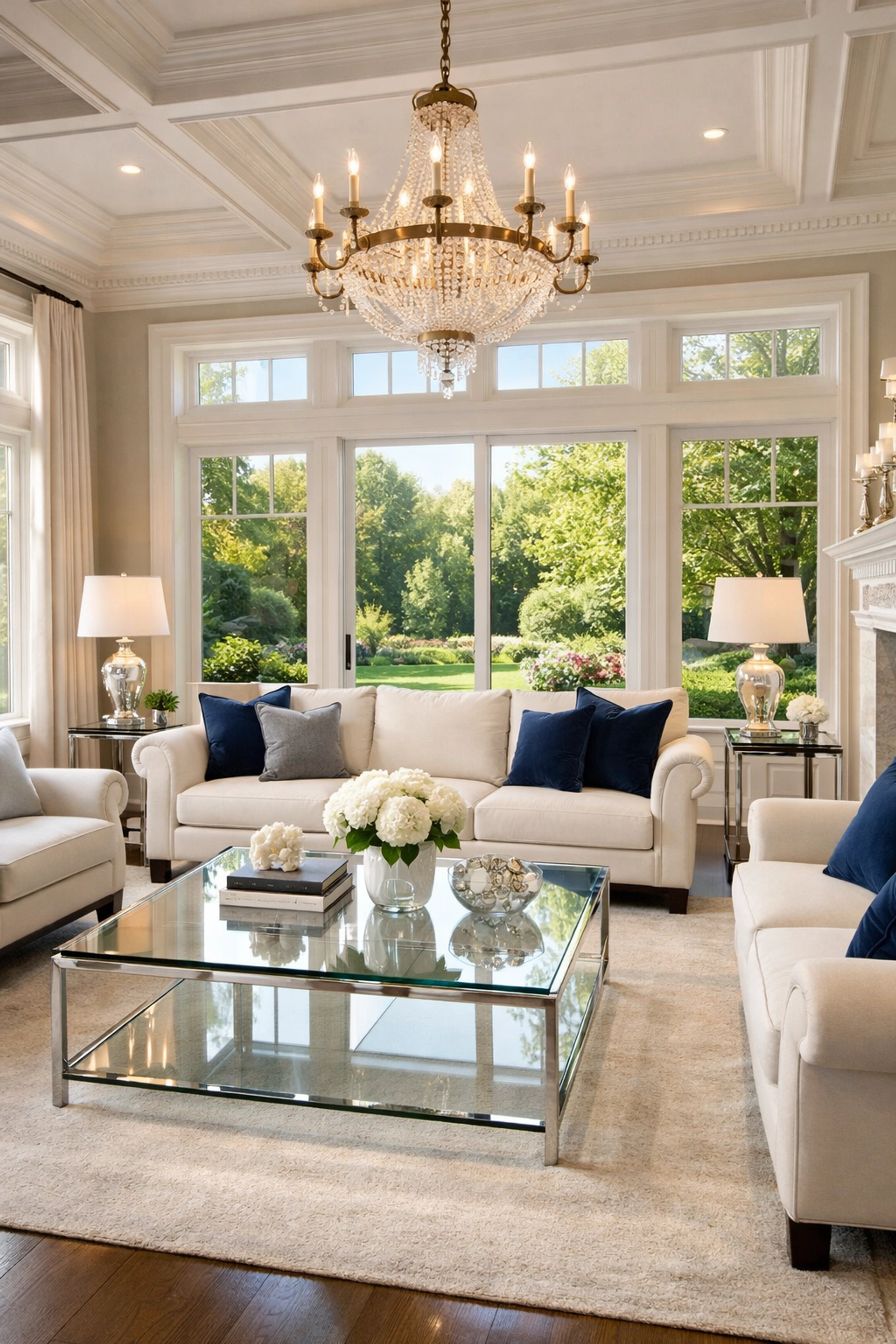 Pristine living room in a luxury Needham home with dust-free surfaces and high-end finishes.