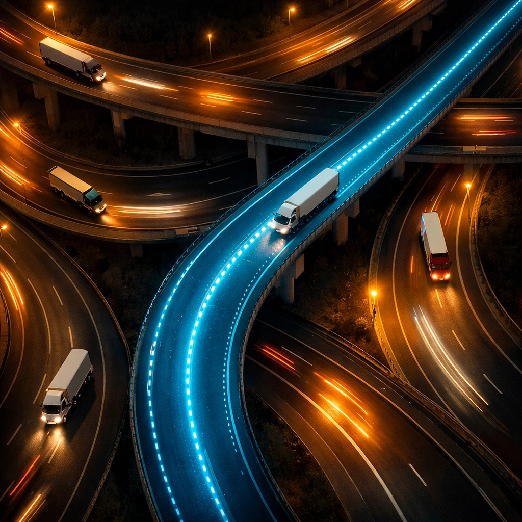 Multiple cargo truck routes showing strategic route planning for theft prevention