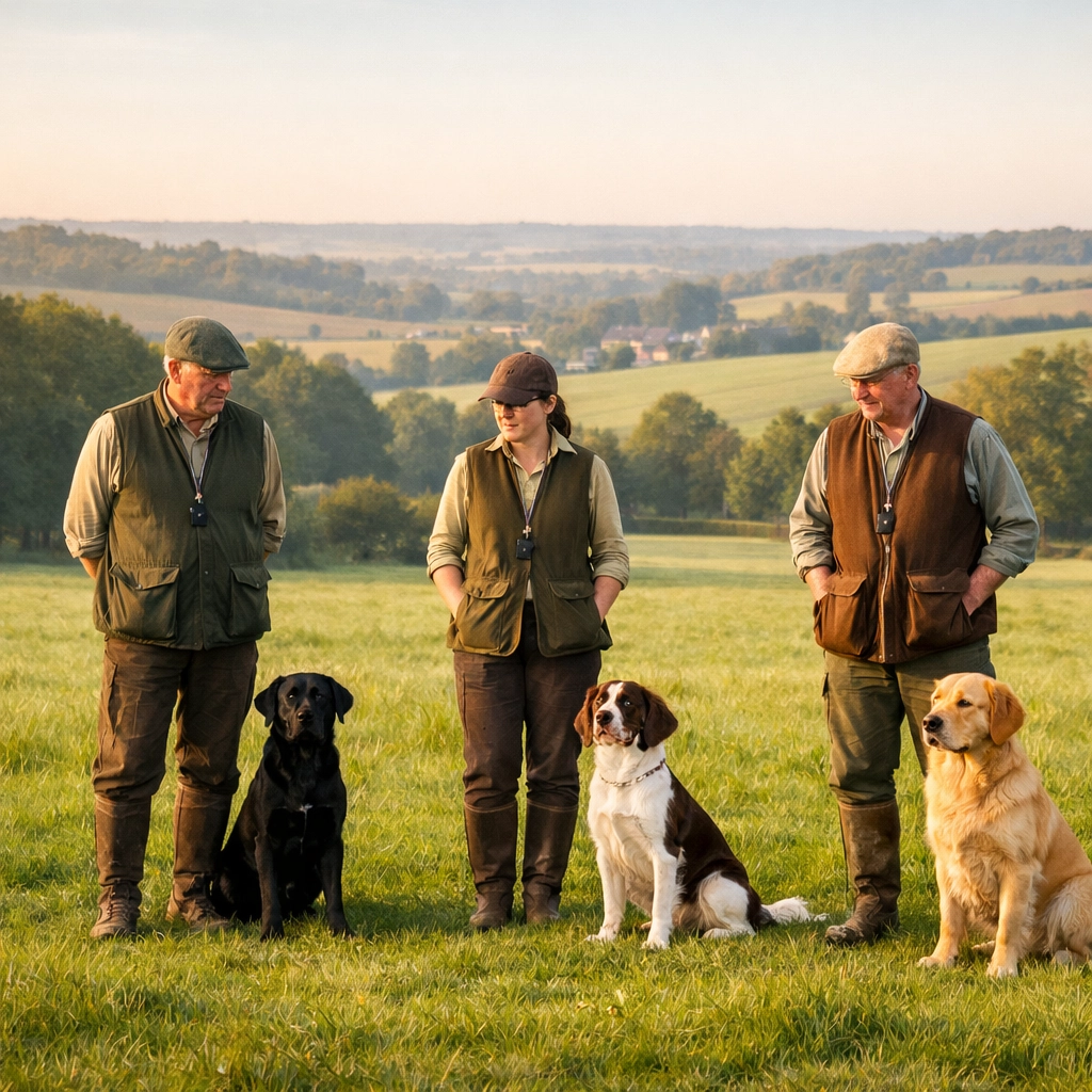 Group gundog training session in Kent showing handlers working with Labradors and Spaniels in a field.