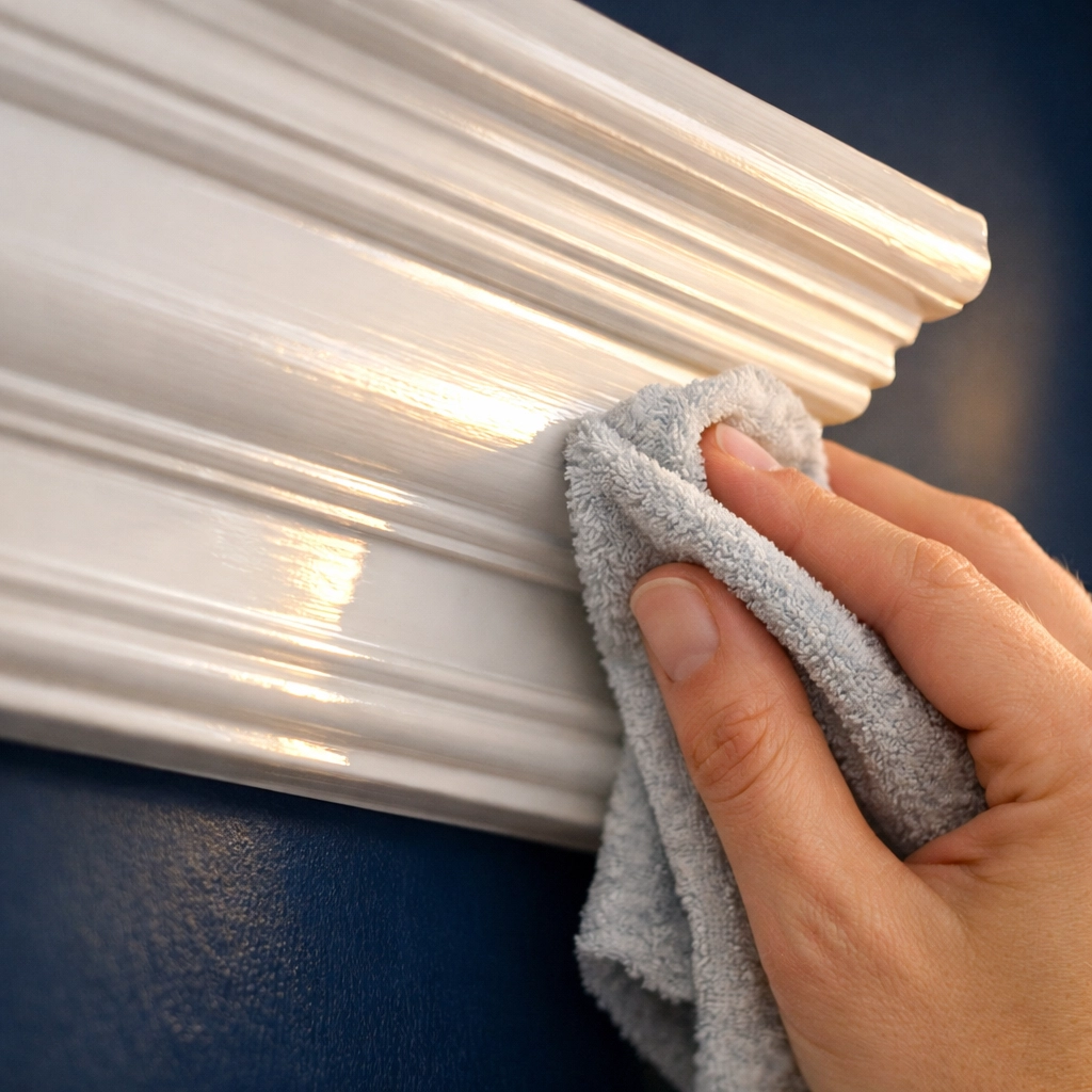 Close-up of meticulous dusting on white crown molding in a luxury Lunenburg estate home.