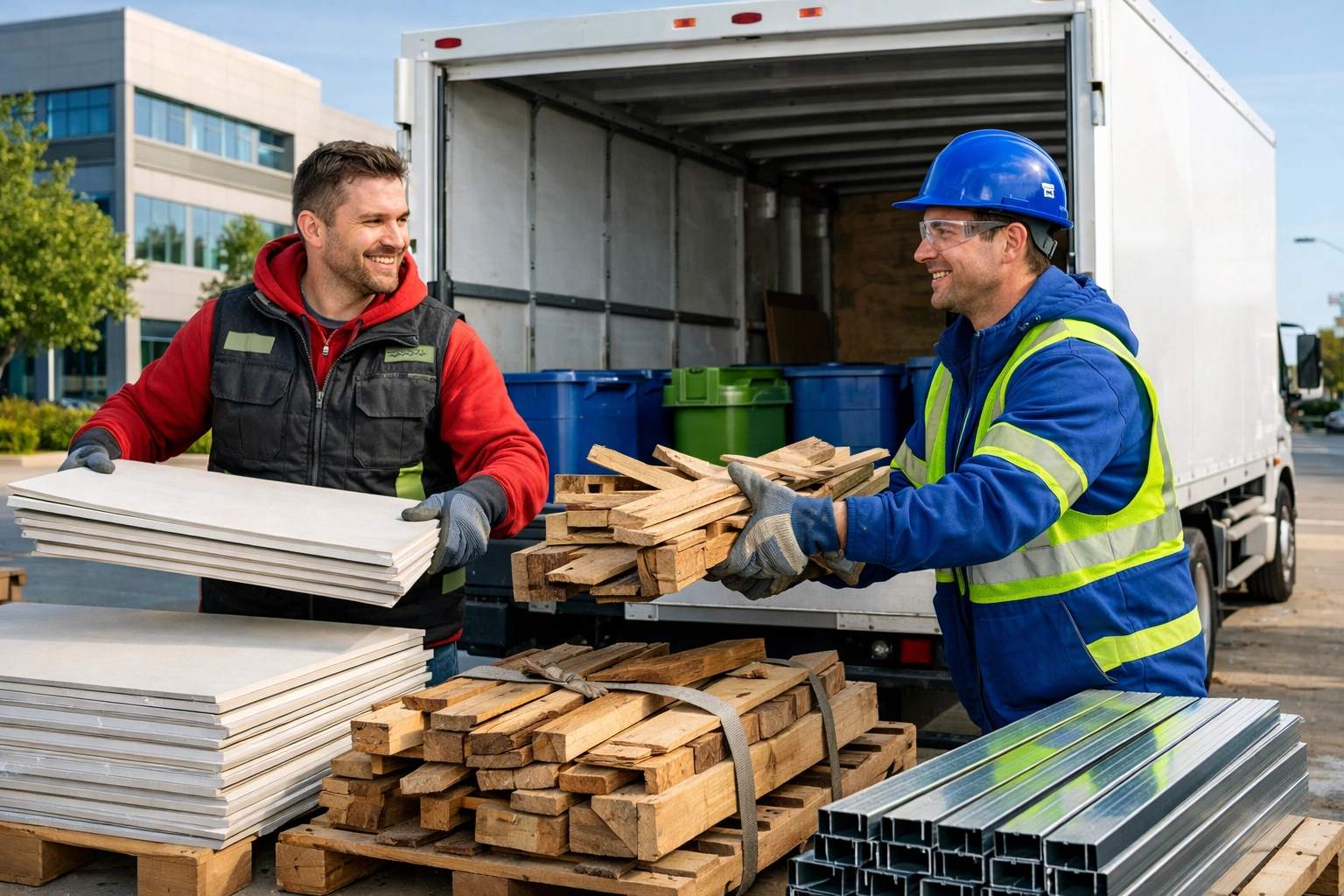 Junk GTA team sorting construction debris and commercial waste at a Markham job site for eco-friendly recycling.