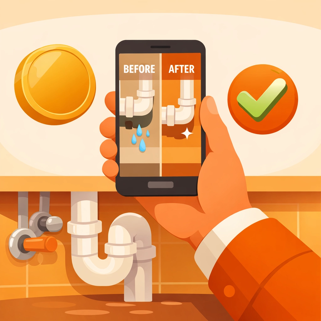 Before and after photo app showing plumbing repairs to help contractors get paid faster.
