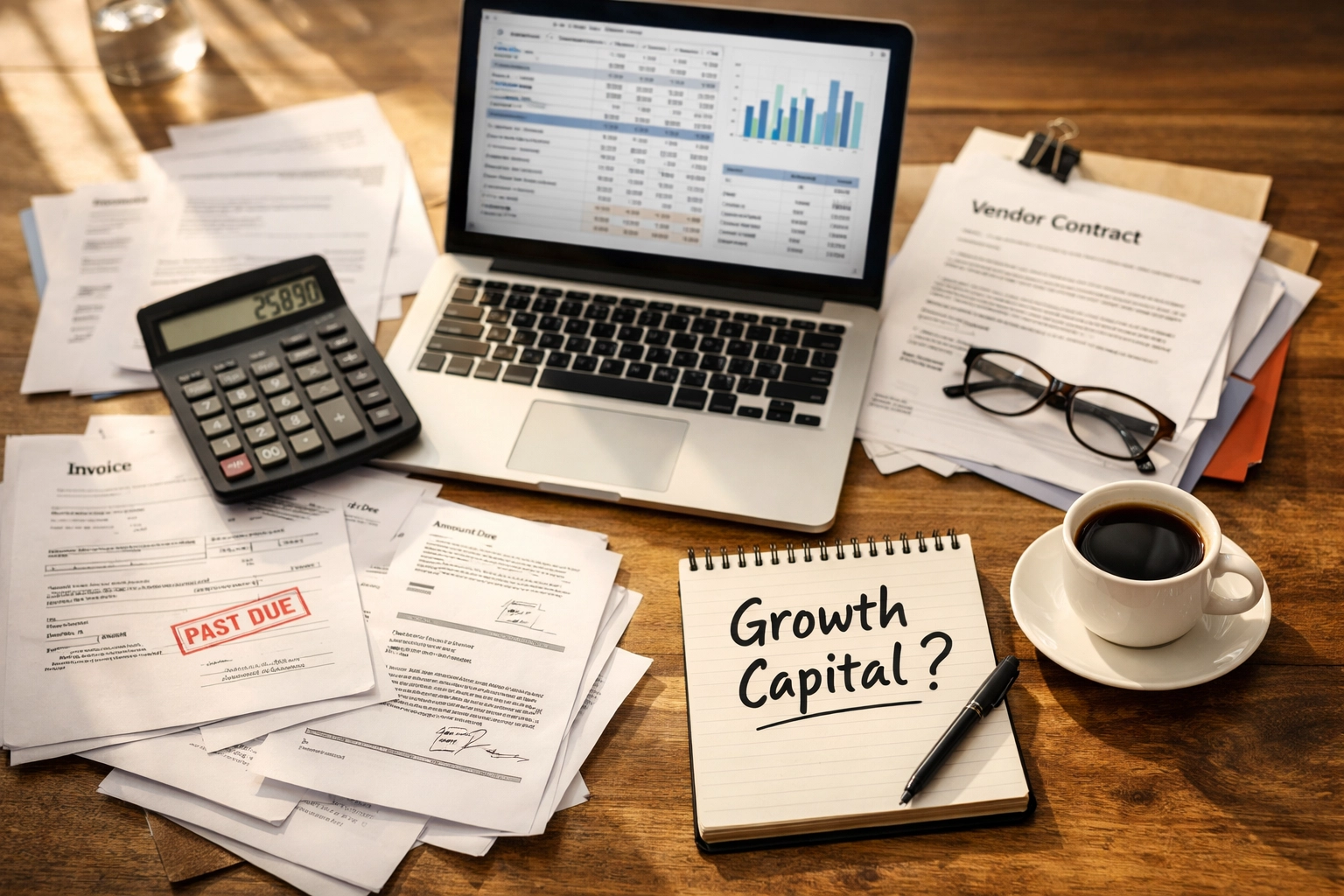 Restaurant owner reviewing financial documents and bank loan paperwork at desk