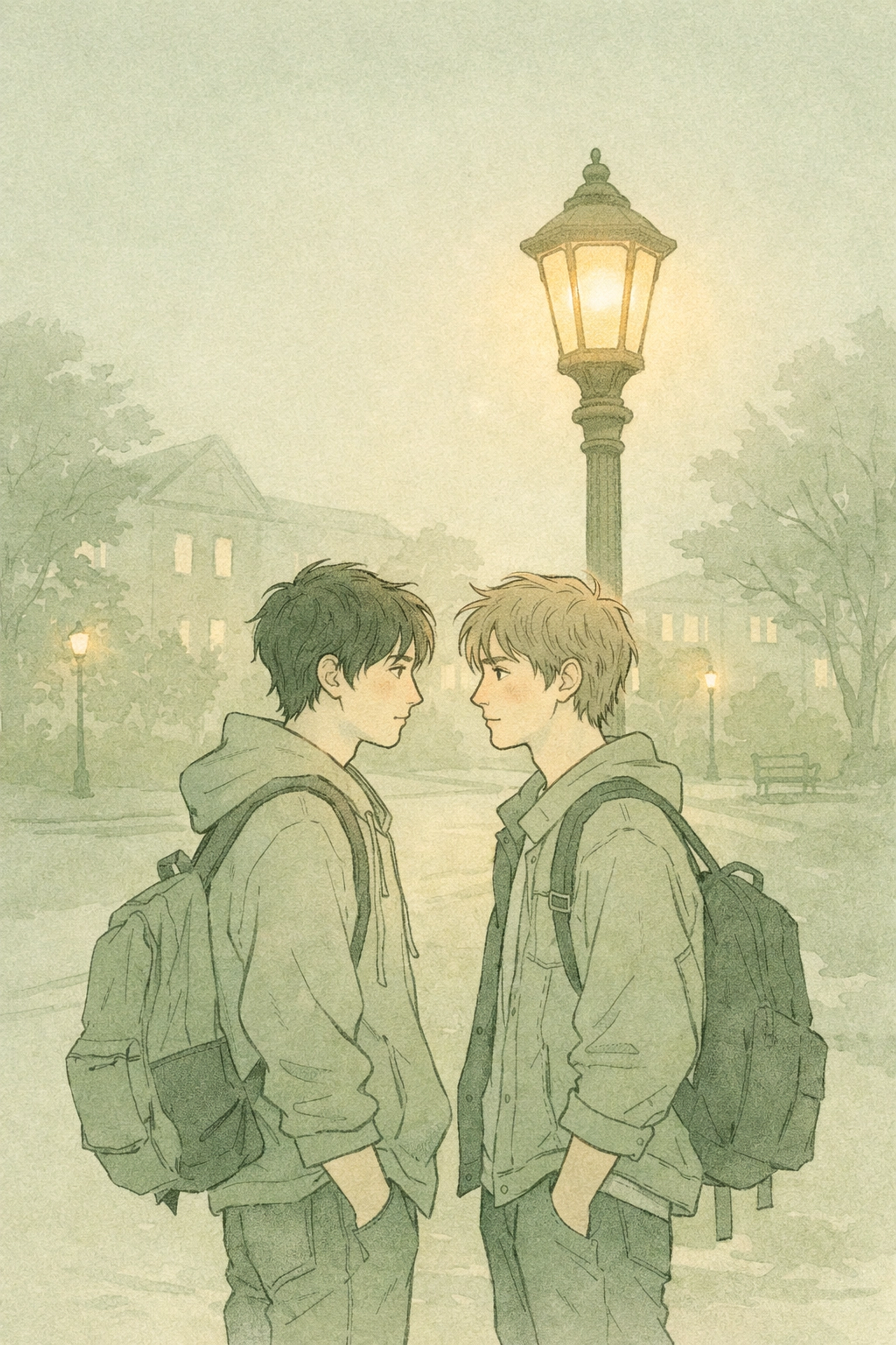 Gay college students face each other under lamppost in emotional campus scene