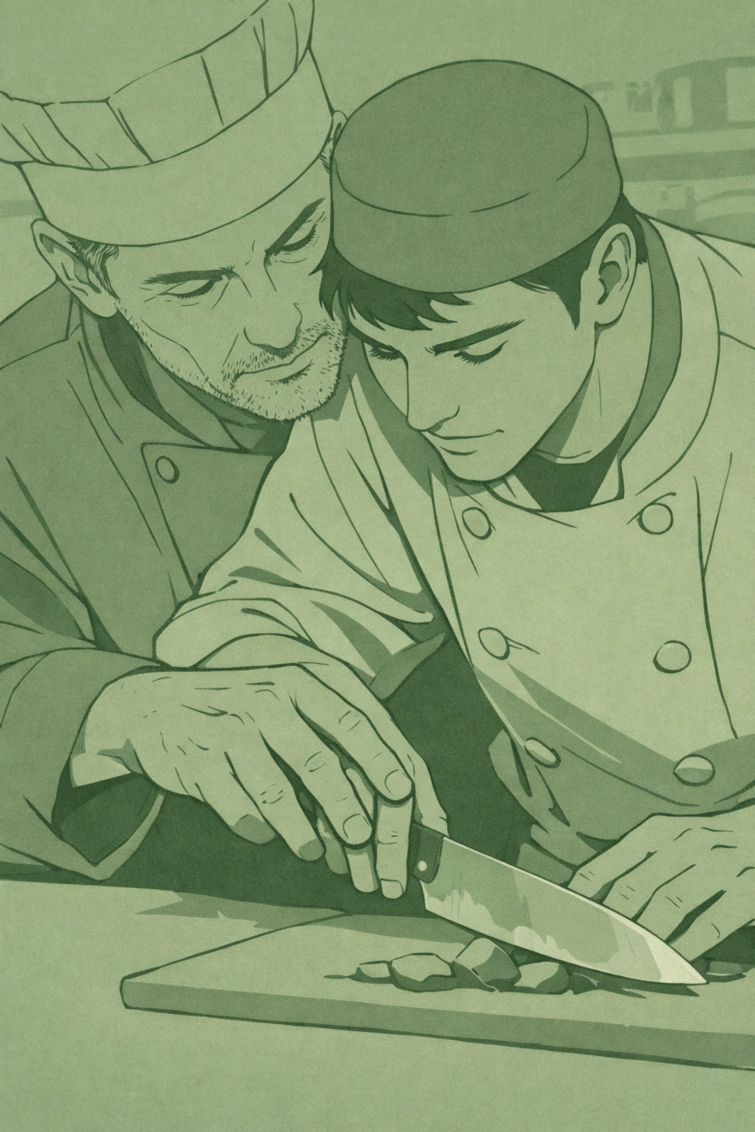 Intimate chef mentorship moment in MM fiction: hands teaching knife technique with emotional tension