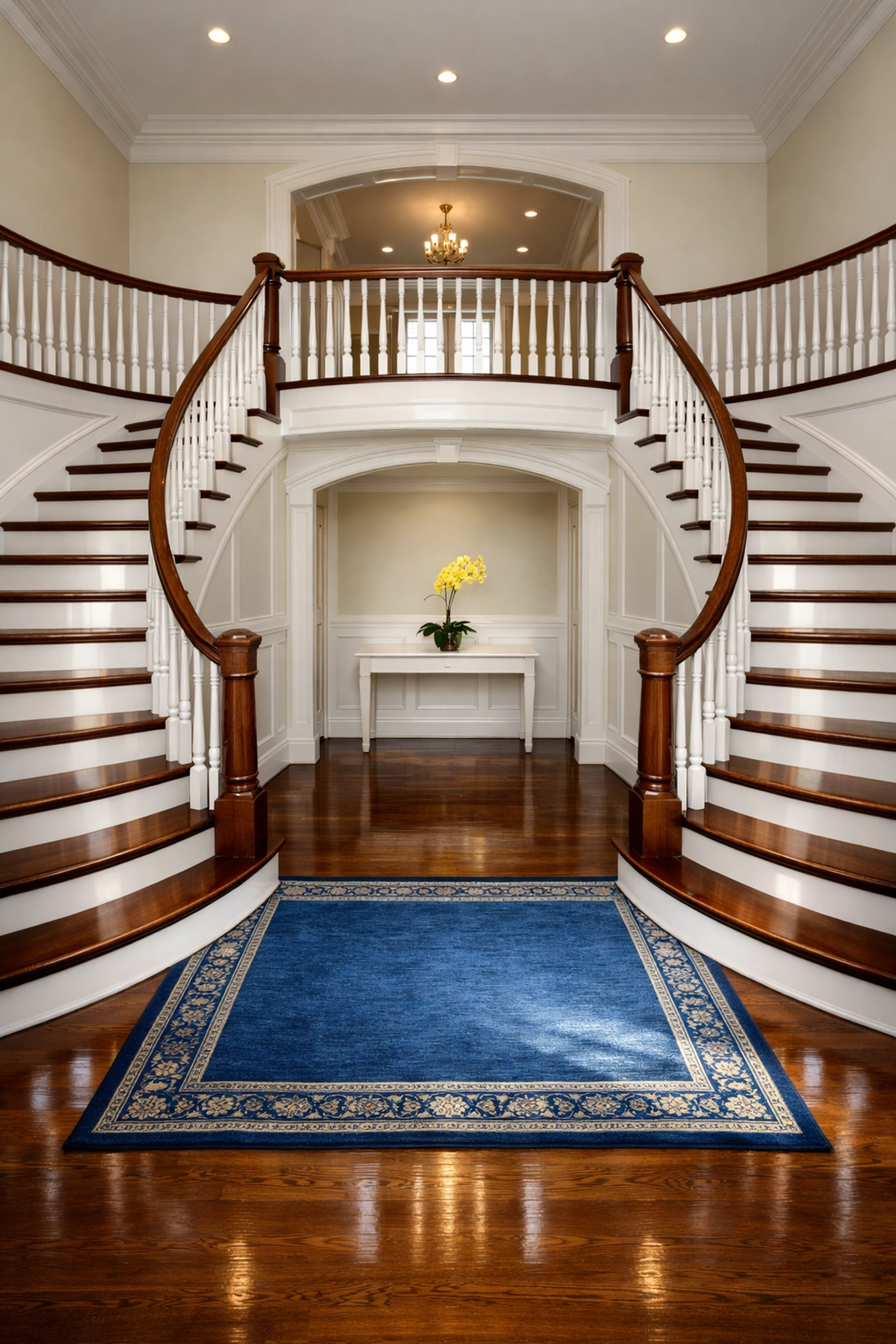 Dust-free polished staircase in a luxury Hopkinton foyer after a professional house cleaning.