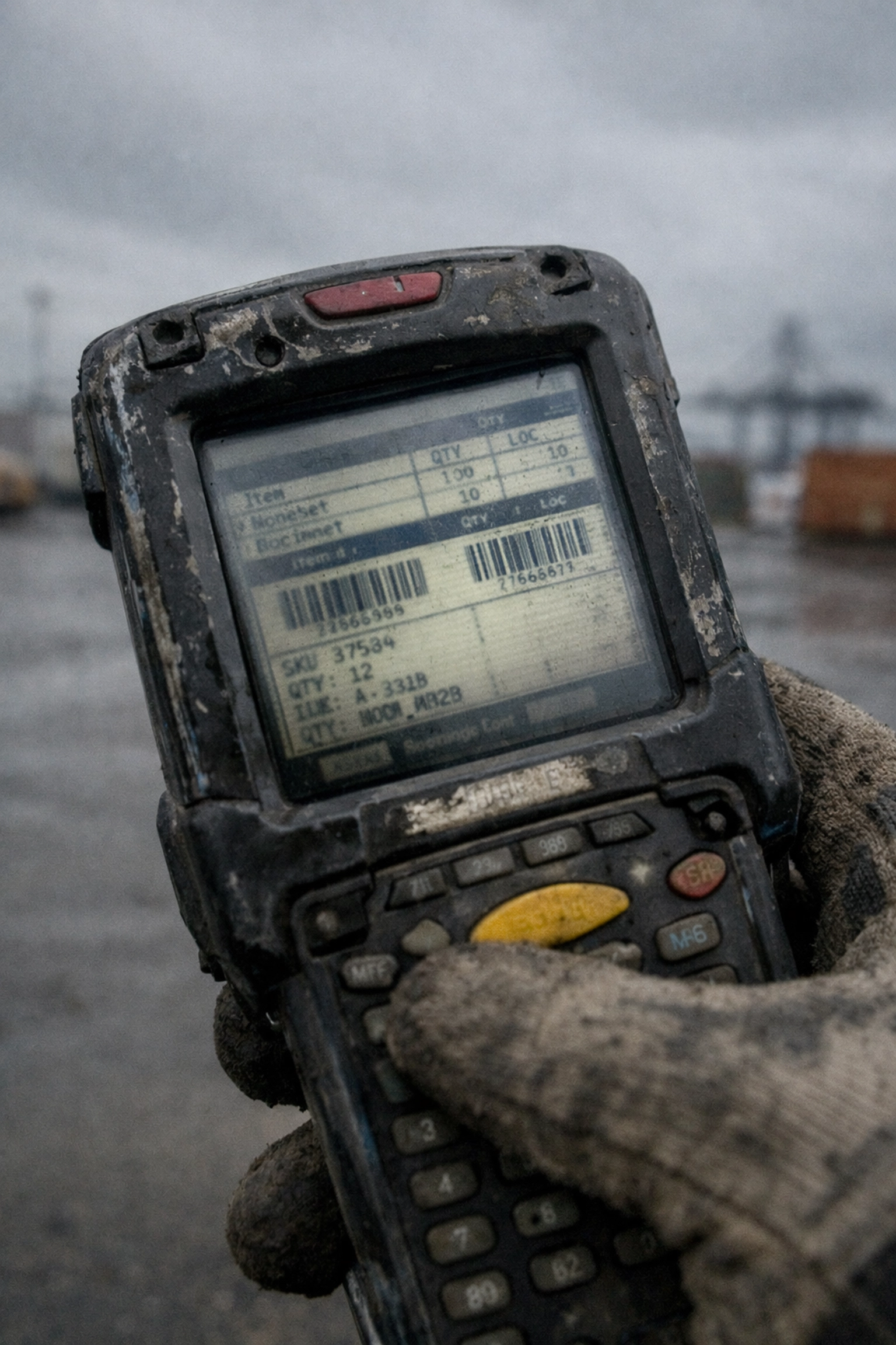 Handheld scanner displaying digital customs manifest data at an international shipping terminal.