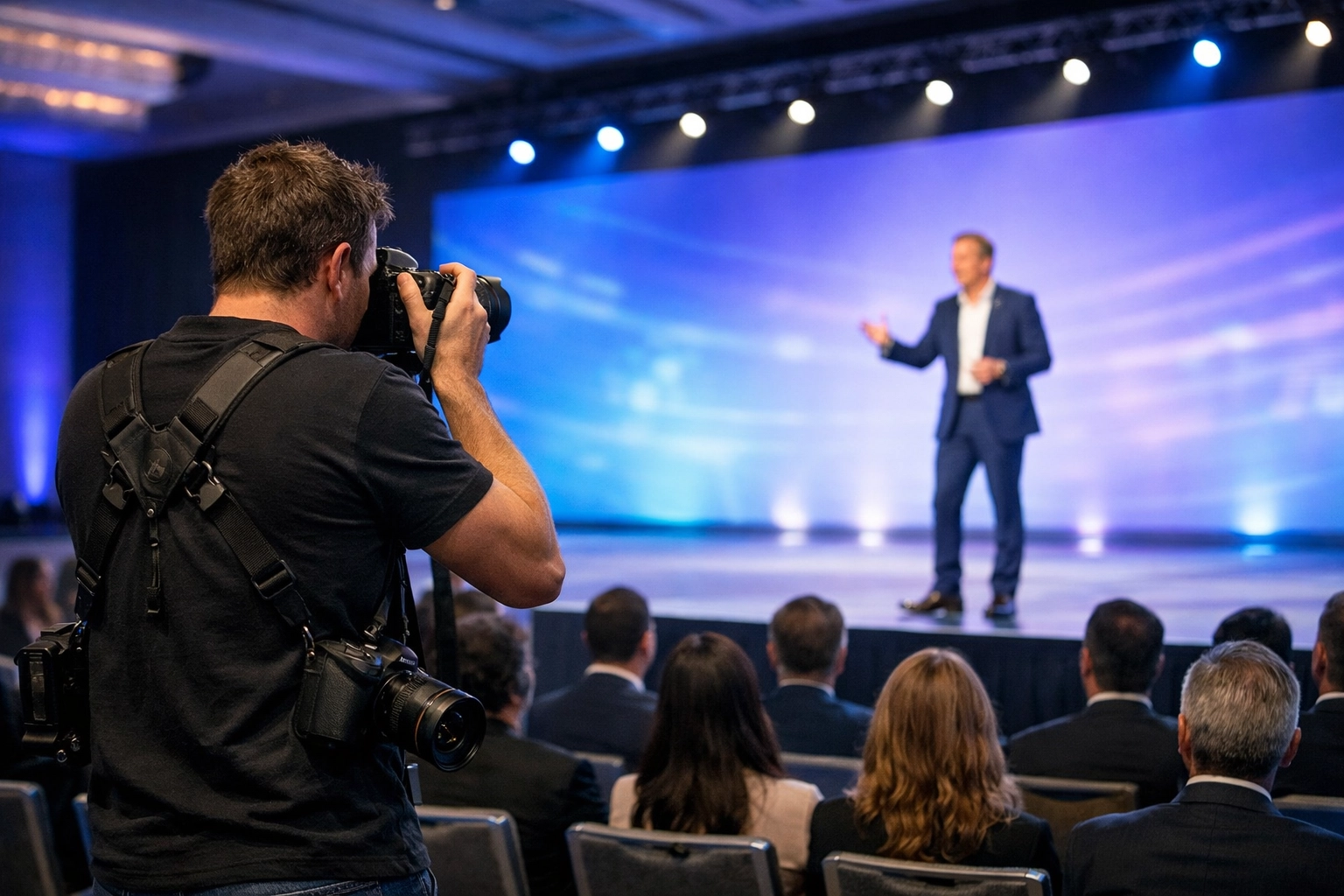 Corporate event photographer miami capturing a keynote speech in a modern ballroom.