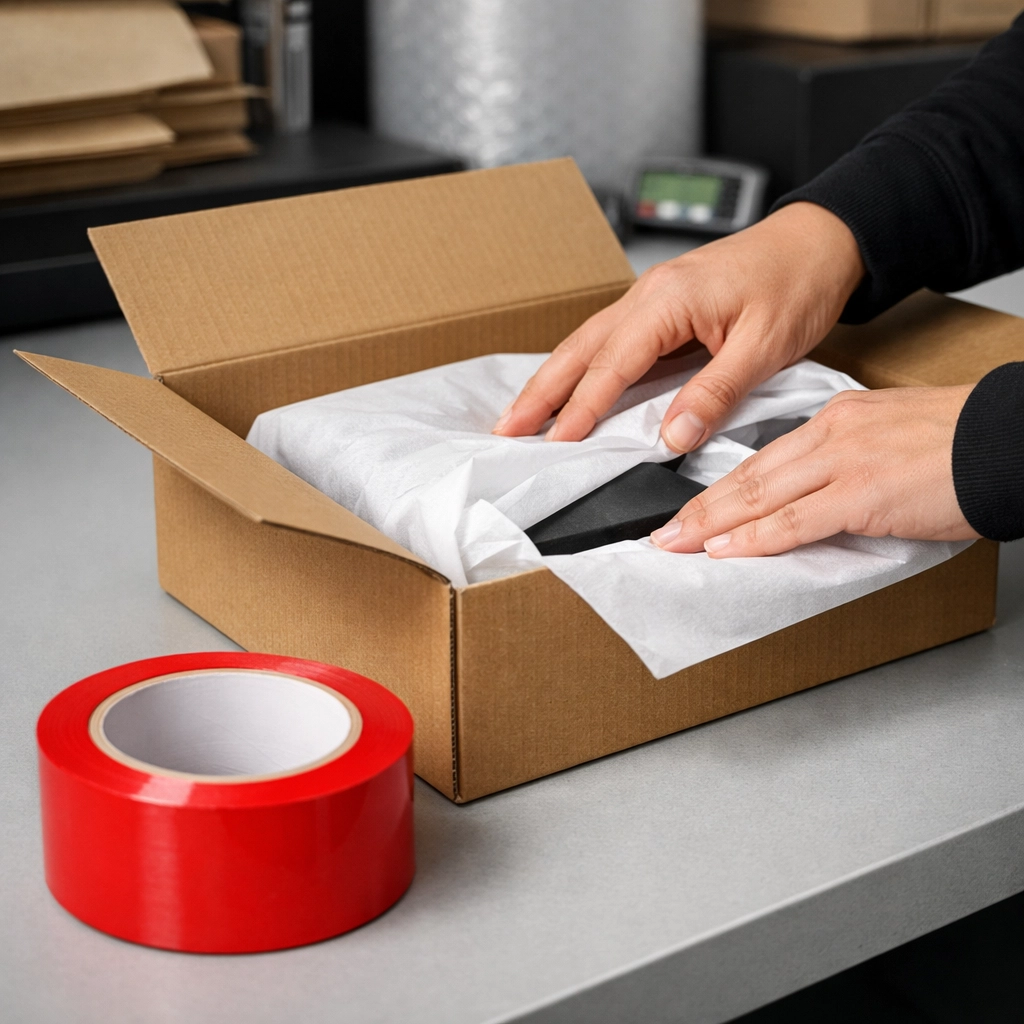 Professional warehouse and fulfilment staff carefully packing a retail order for delivery in London and Enfield.