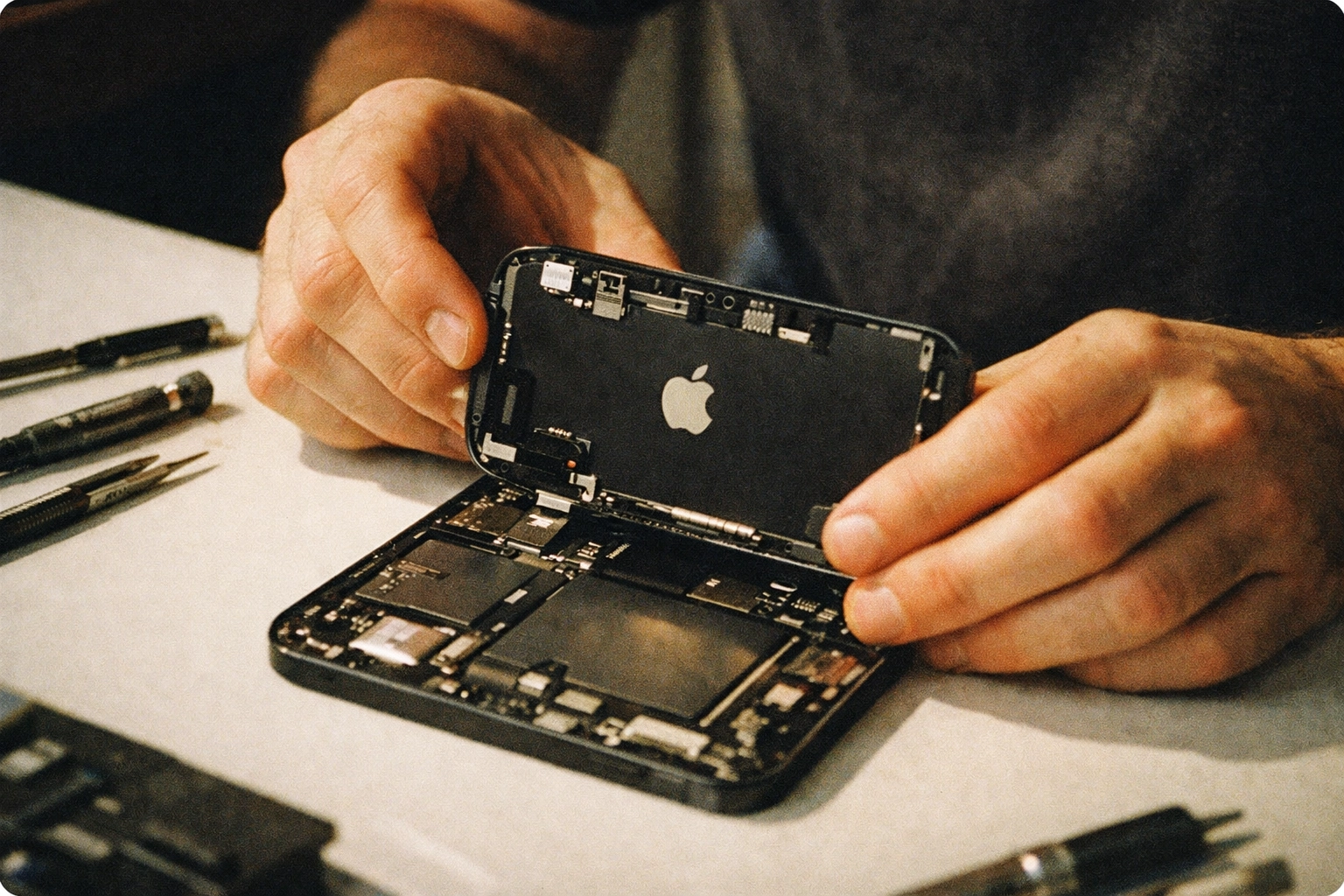 Technician installing genuine Apple screen component into iPhone 15 during NYC repair