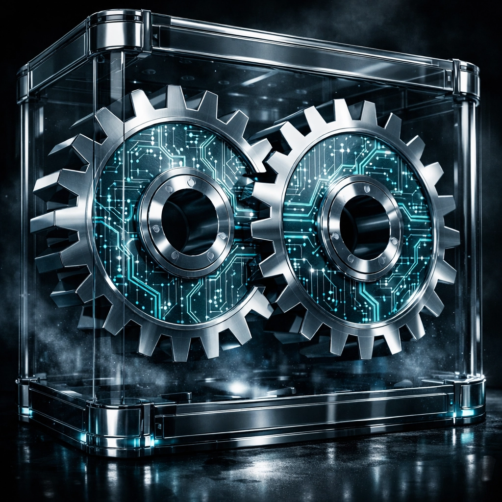 Interlocking chrome gears with cyan circuits symbolizing the synergy of strategic growth partnerships.