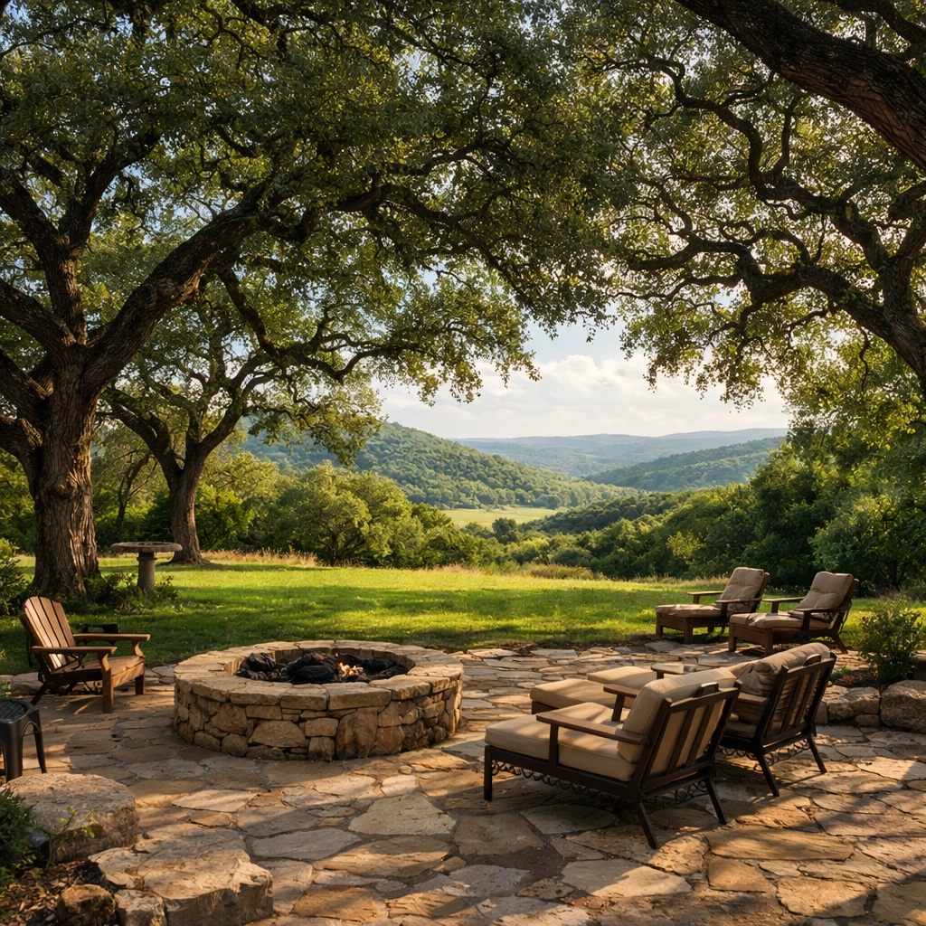 Private Helotes backyard featuring a stone patio, large oak trees, and scenic Hill Country views.