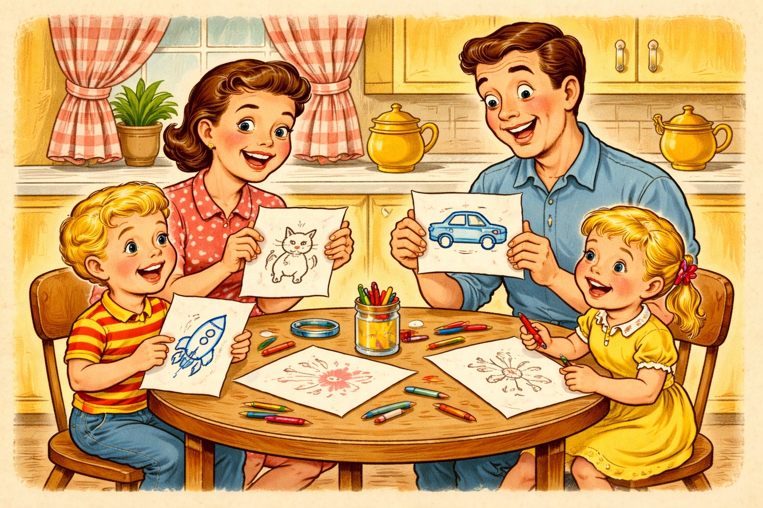 Family playing the Draw-and-Switch Creature Game together at a kitchen table, laughing and drawing