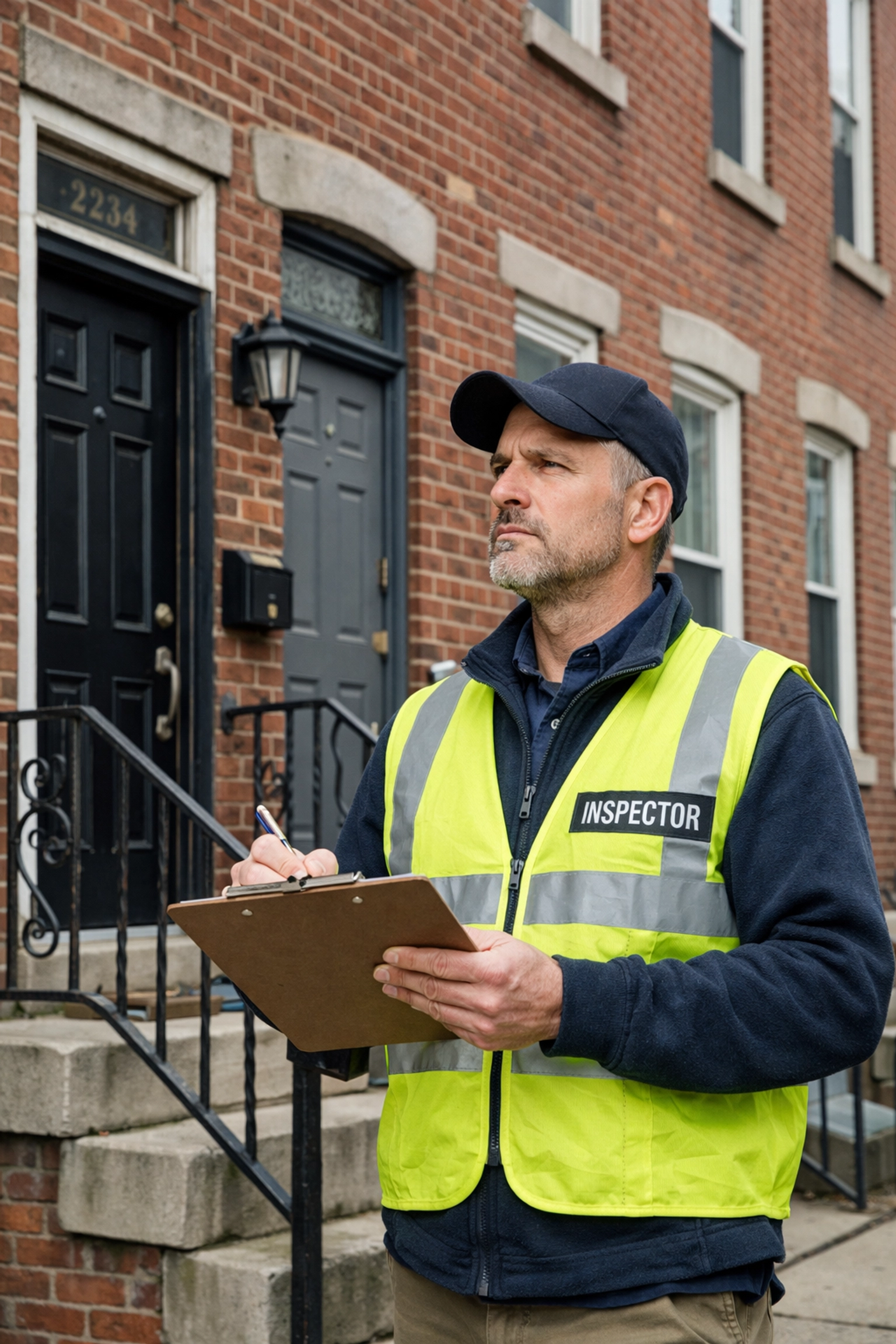 Property inspector examining Philadelphia rental building exterior during proactive inspection