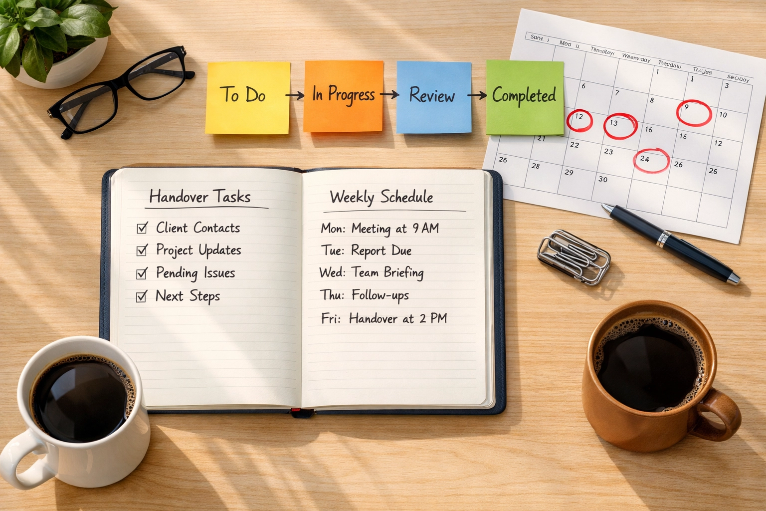 Organized bookkeeper handover checklist with tasks, calendar and workflow notes