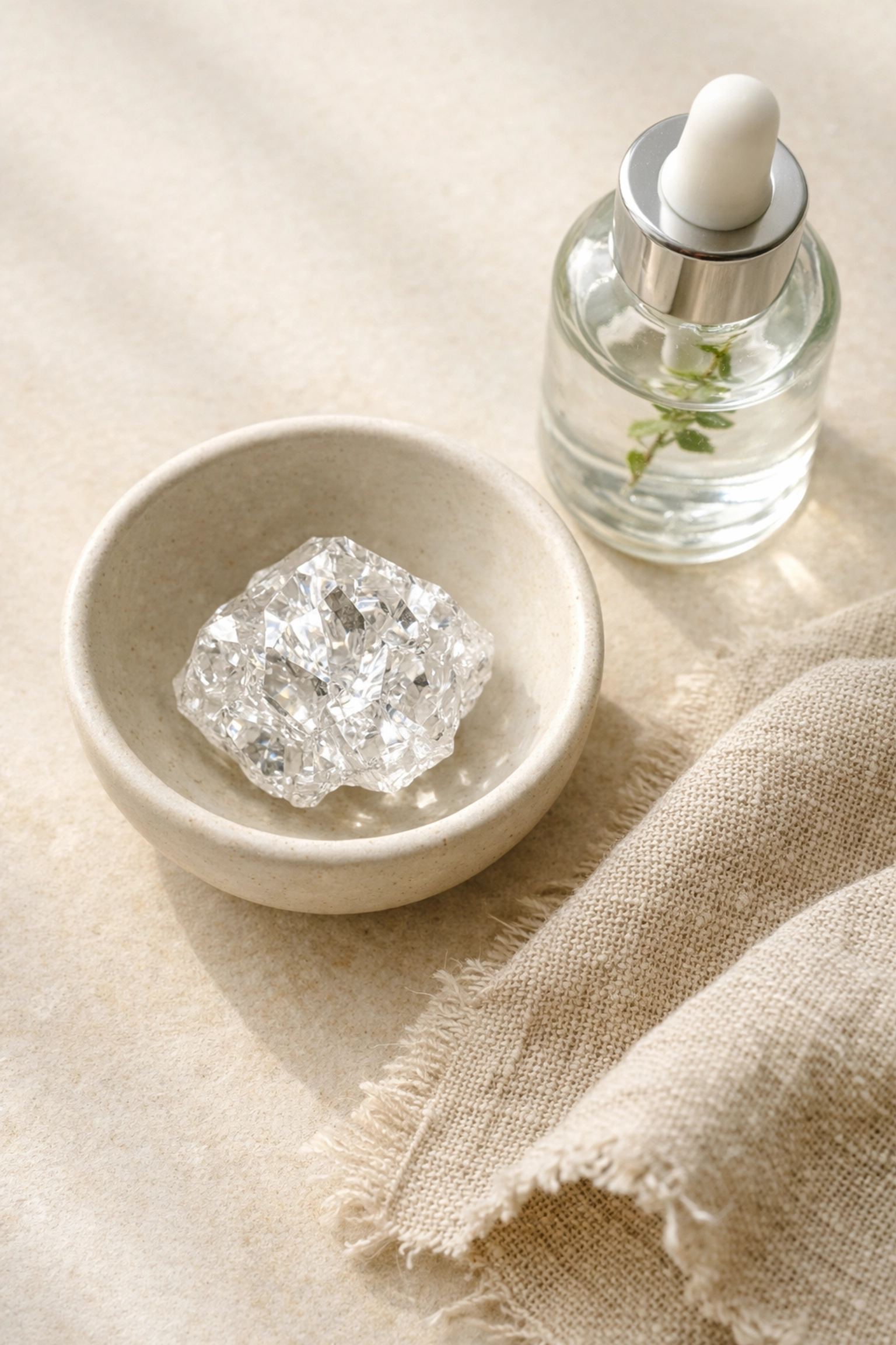 A lab-grown diamond and glass dropper bottle representing sustainable chemistry degree careers in luxury tech.