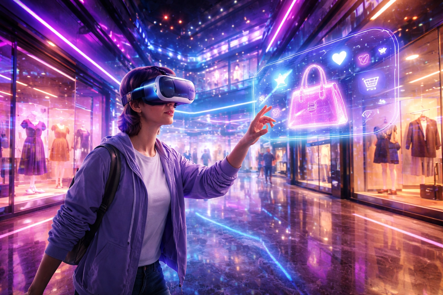 A shopper using VR explores a virtual shopping mall, demonstrating immersive metaverse commerce and NFT receipts.