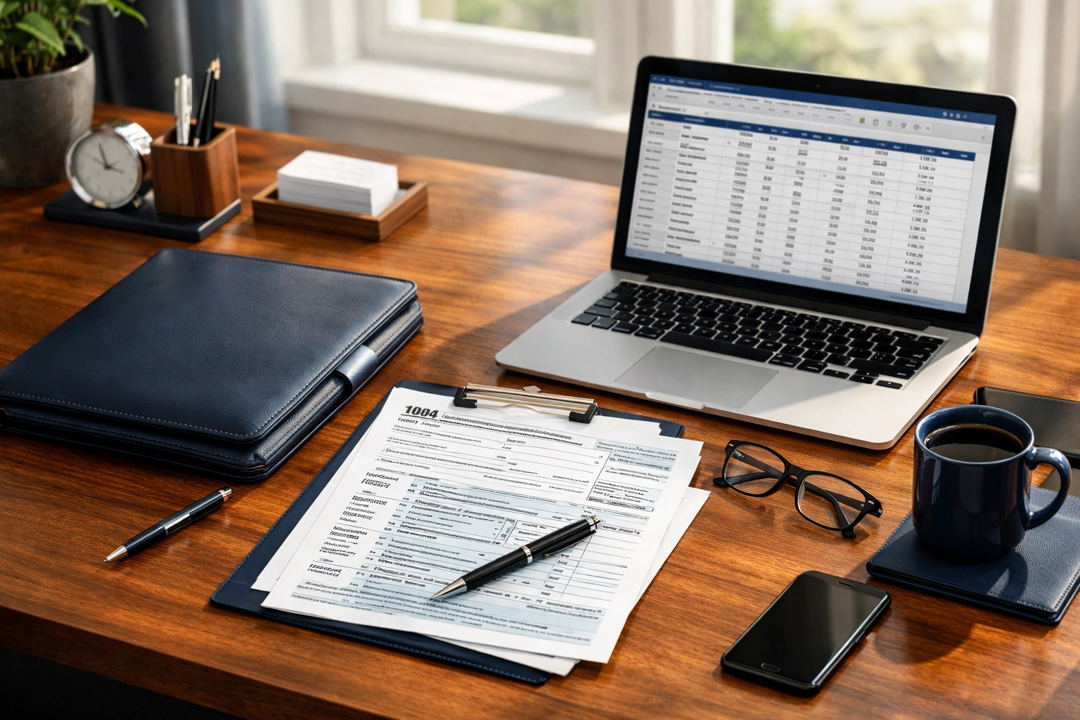 Organized business tax documents and laptop for 2026 tax preparation