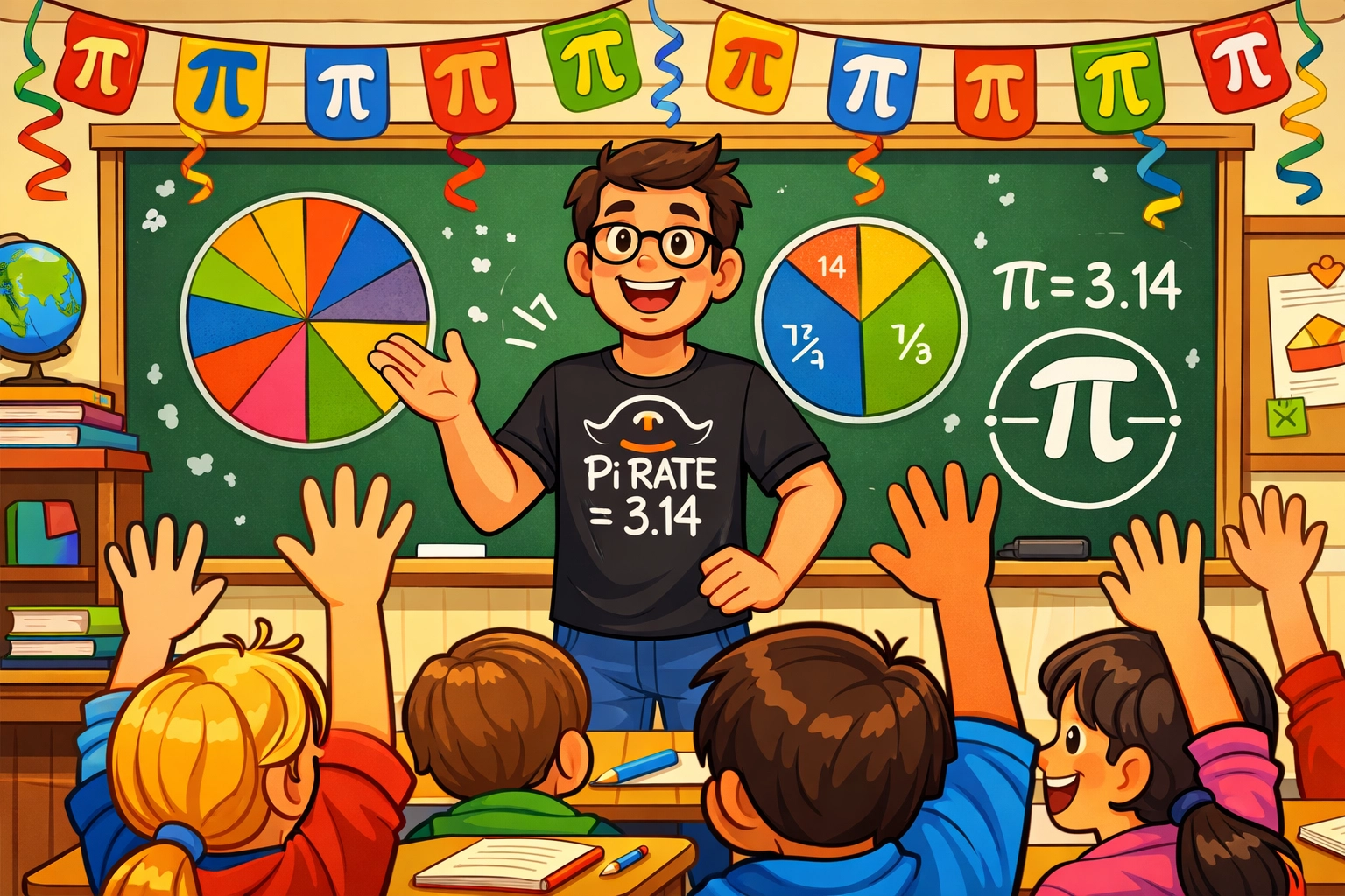 Math teacher wearing funny Pi Day shirt in decorated classroom with excited students