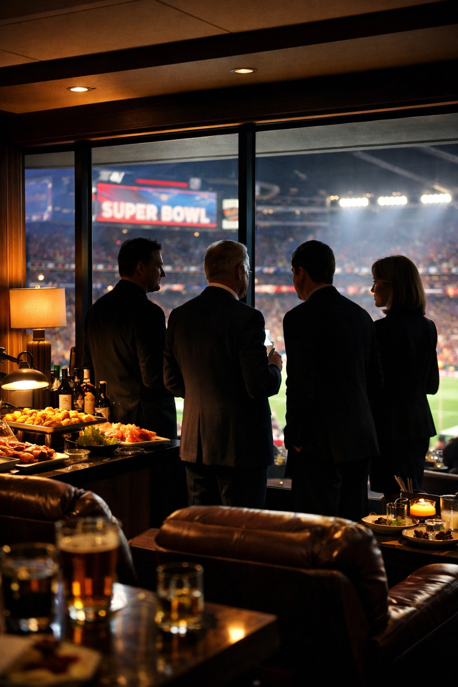 Are Super Bowl Corporate Suites Dead? Why Smart Executives Are Doing This Instead Luxury Super Bowl corporate suite with executives networking during the game