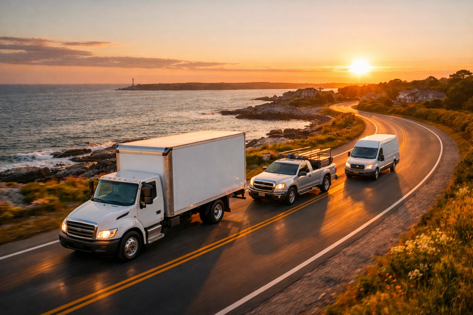 A productive business fleet of trucks and vans driving through Rhode Island, representing efficient fleet management.