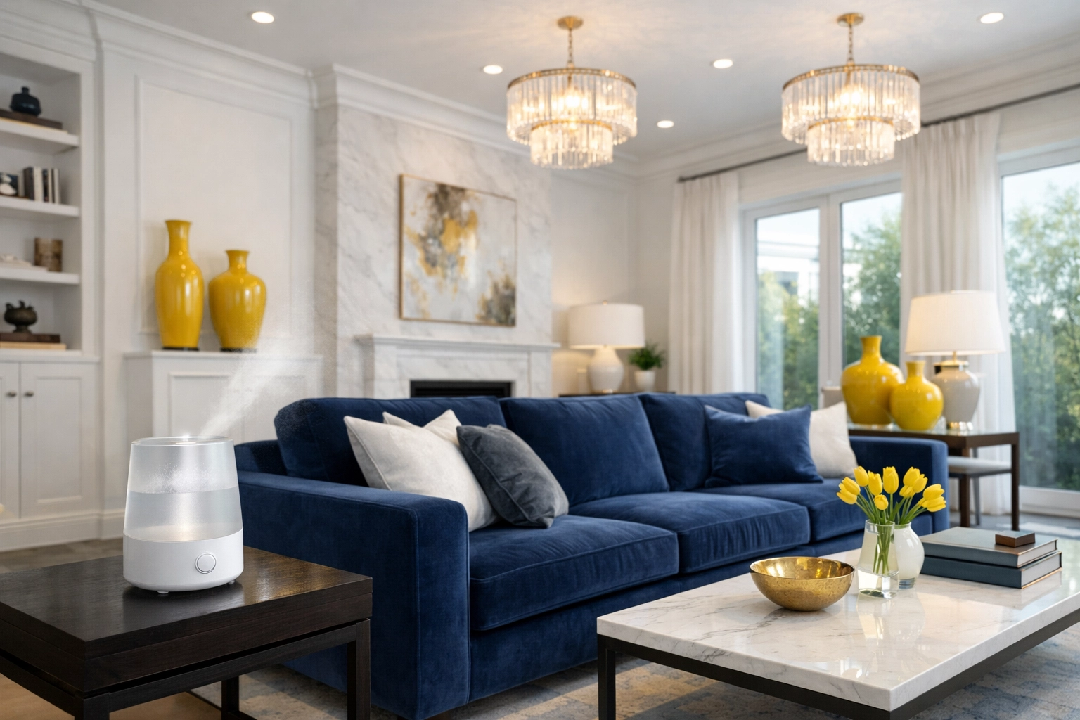 Immaculate living room with a humidifier promoting healthy indoor air quality.