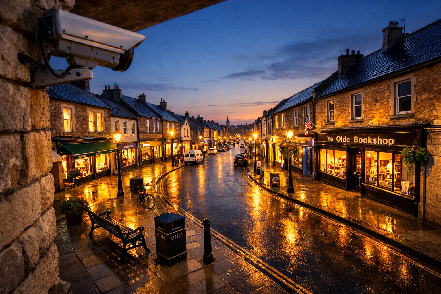High-angle view from a commercial security camera overlooking a safe Yeovil town centre street.