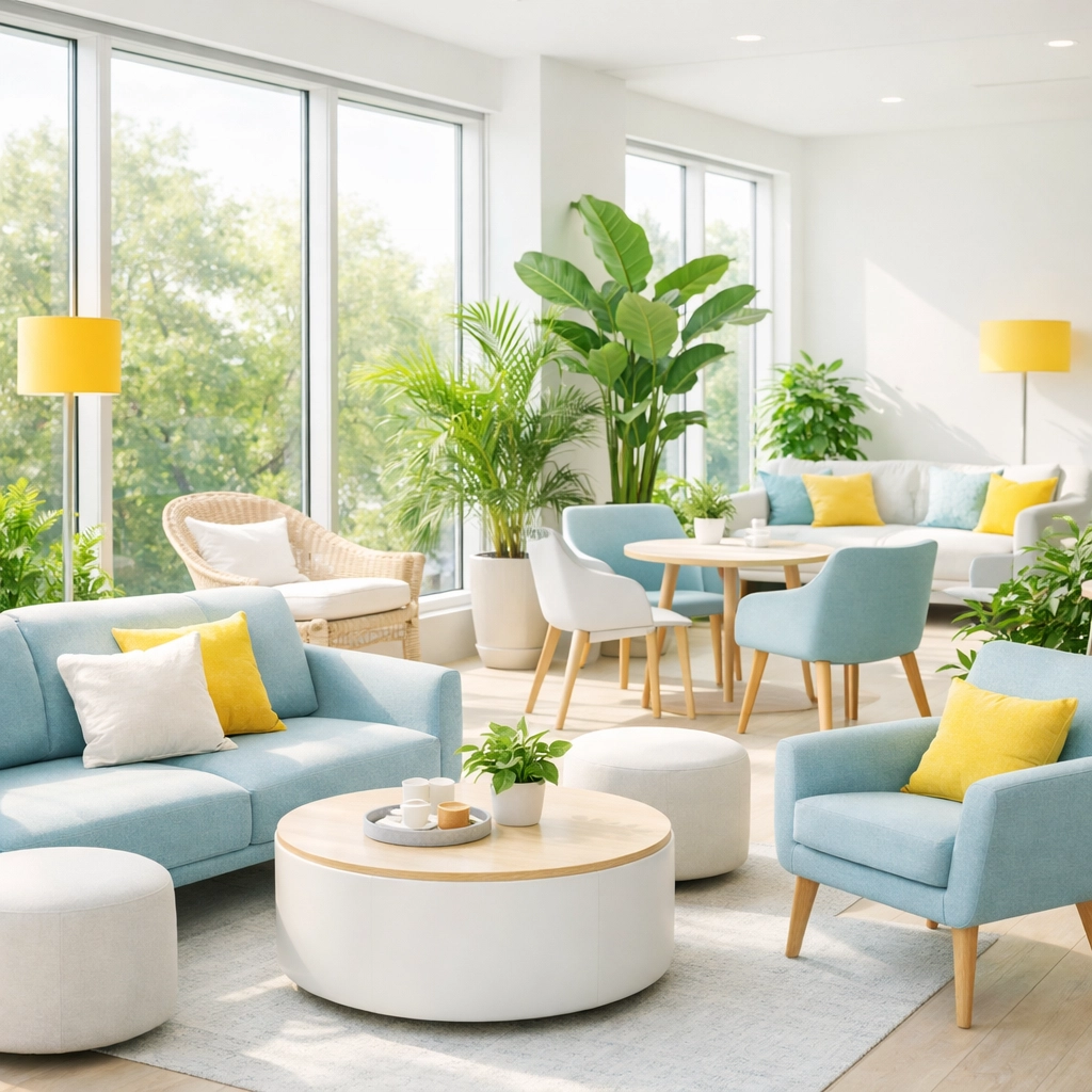 Fresh office lounge in Marblehead showing eco-friendly cleaning and healthy air quality.