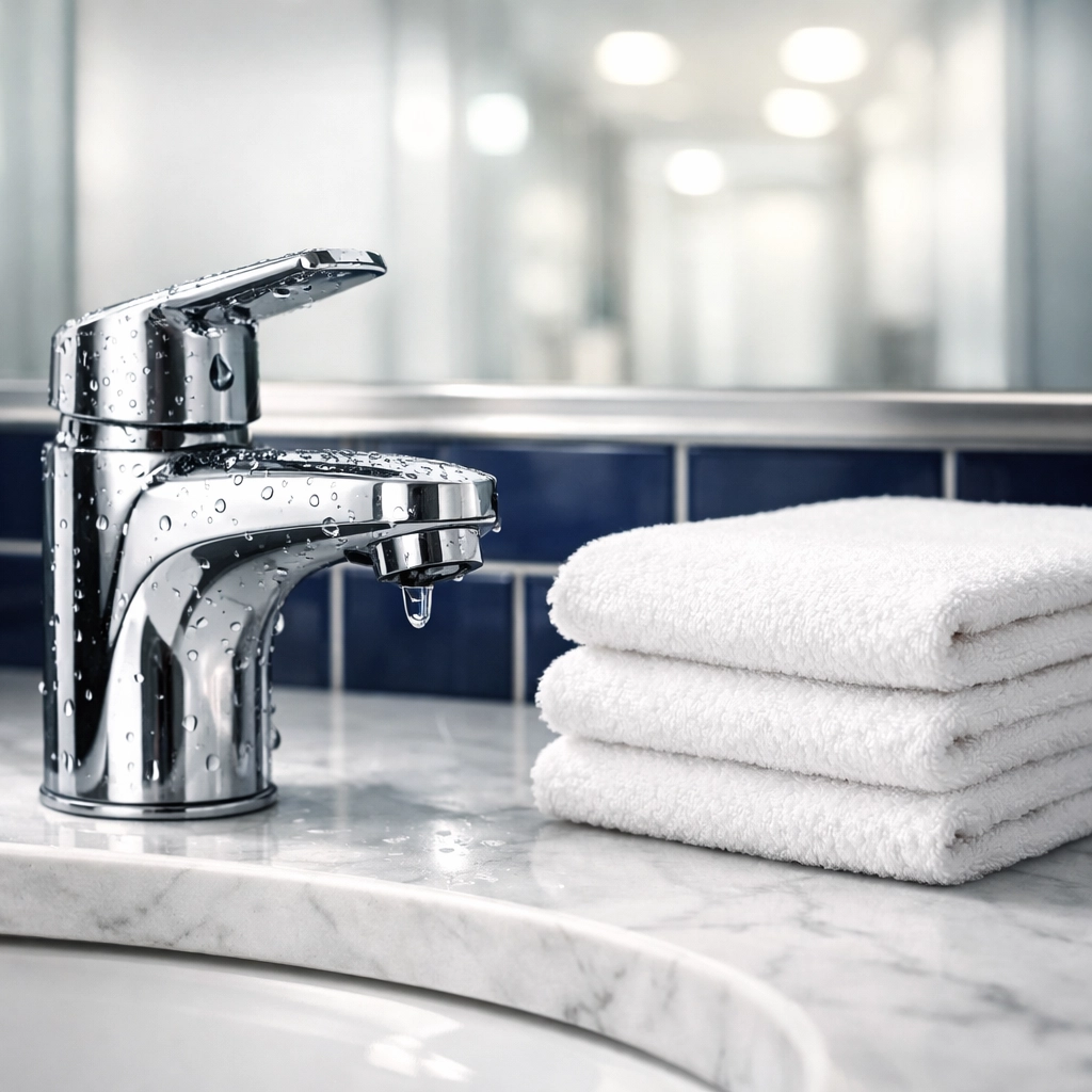 Sparkling clean office restroom vanity in Plymouth reflecting high standards of sanitization