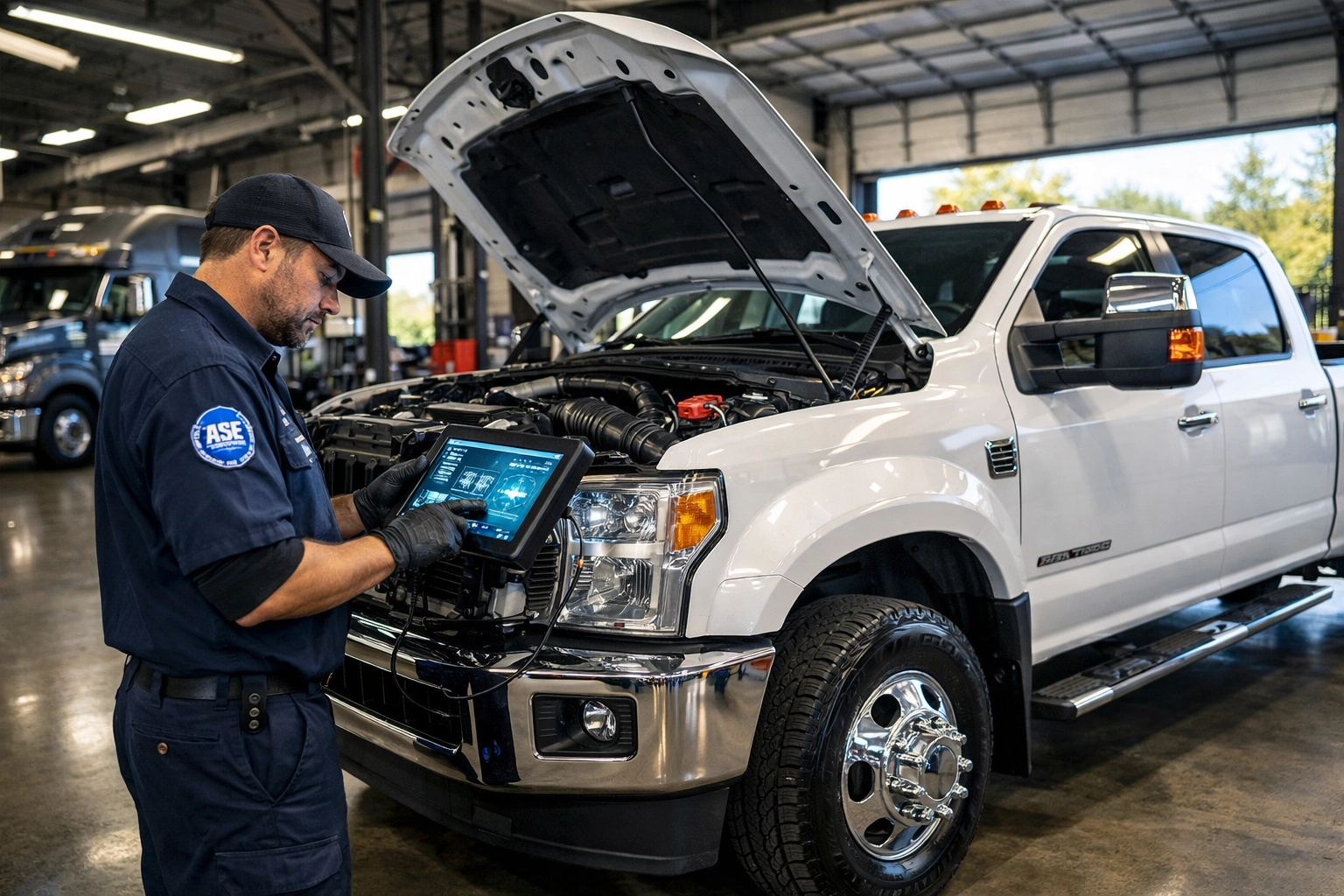 Expert diesel mechanic in Amarillo using professional diagnostic tools to identify truck transmission trouble.