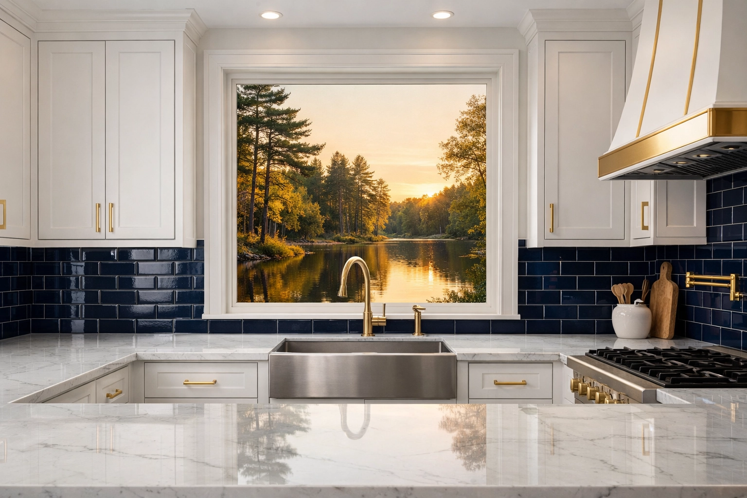 Immaculate luxury kitchen in Concord featuring white marble counters and organized residential spaces.
