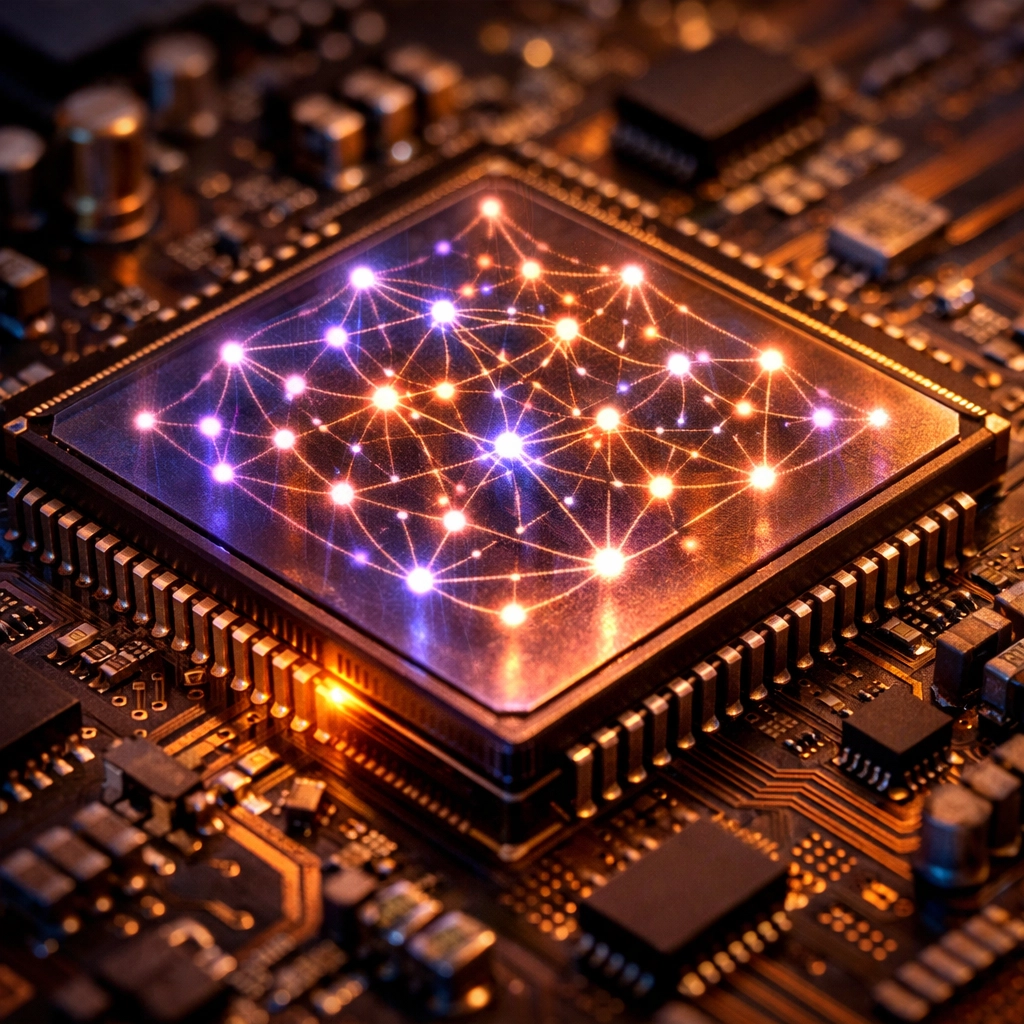 High-tech microprocessor running local AI processing through edge computing technology.