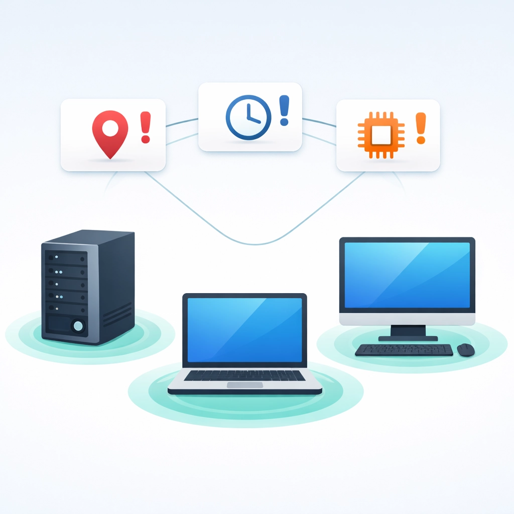 Endpoint monitoring system showing real-time security alerts across servers and workstations