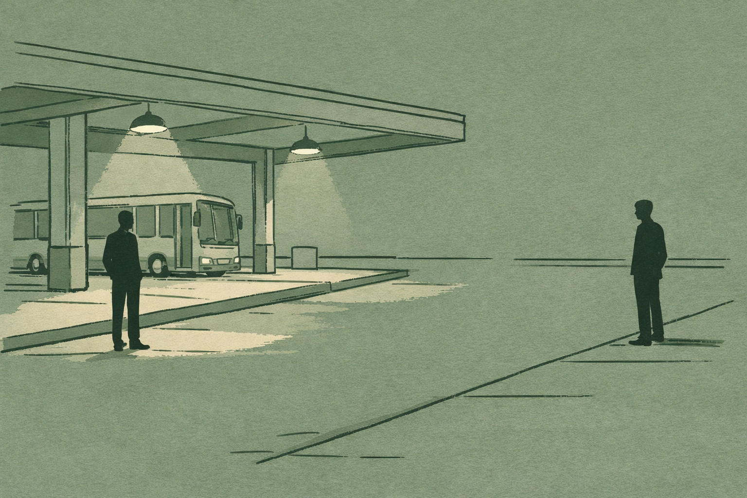 Two men stand at opposite ends of empty bus depot platform at night in gay romance tale