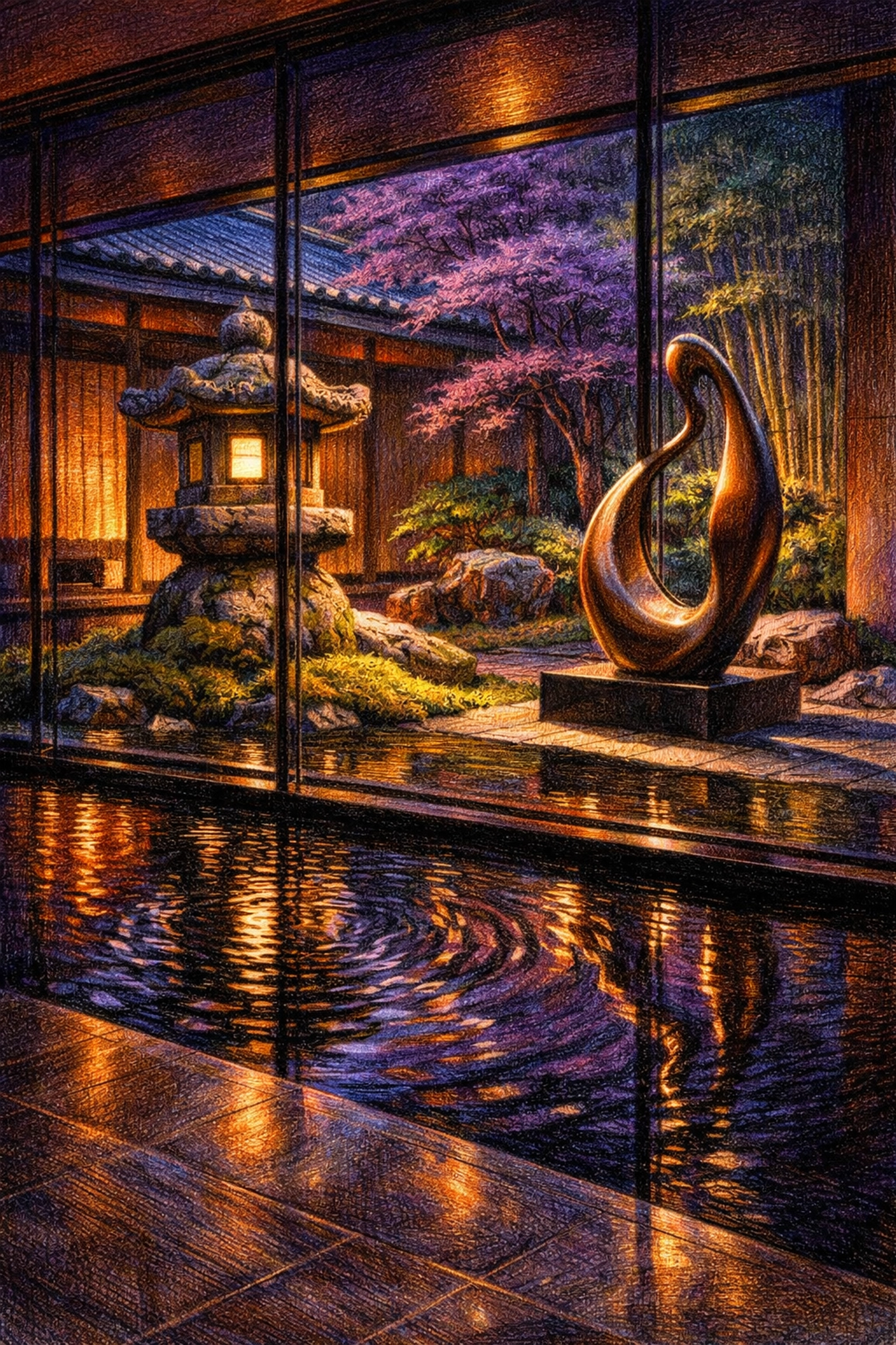 A serene Japanese courtyard garden blending traditional elements with modern relaxed luxury design.
