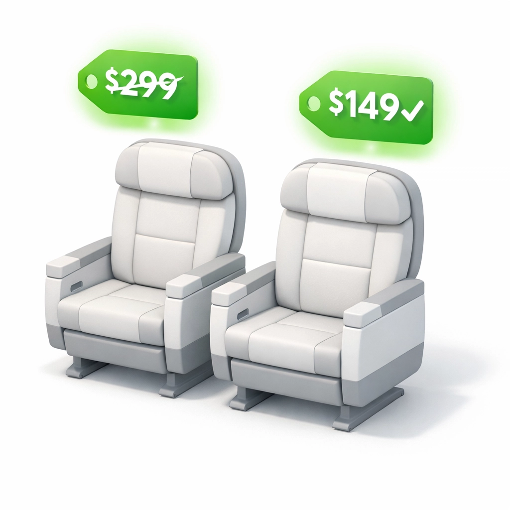 Airplane seats with crossed-out higher price and new lower fare after price drop