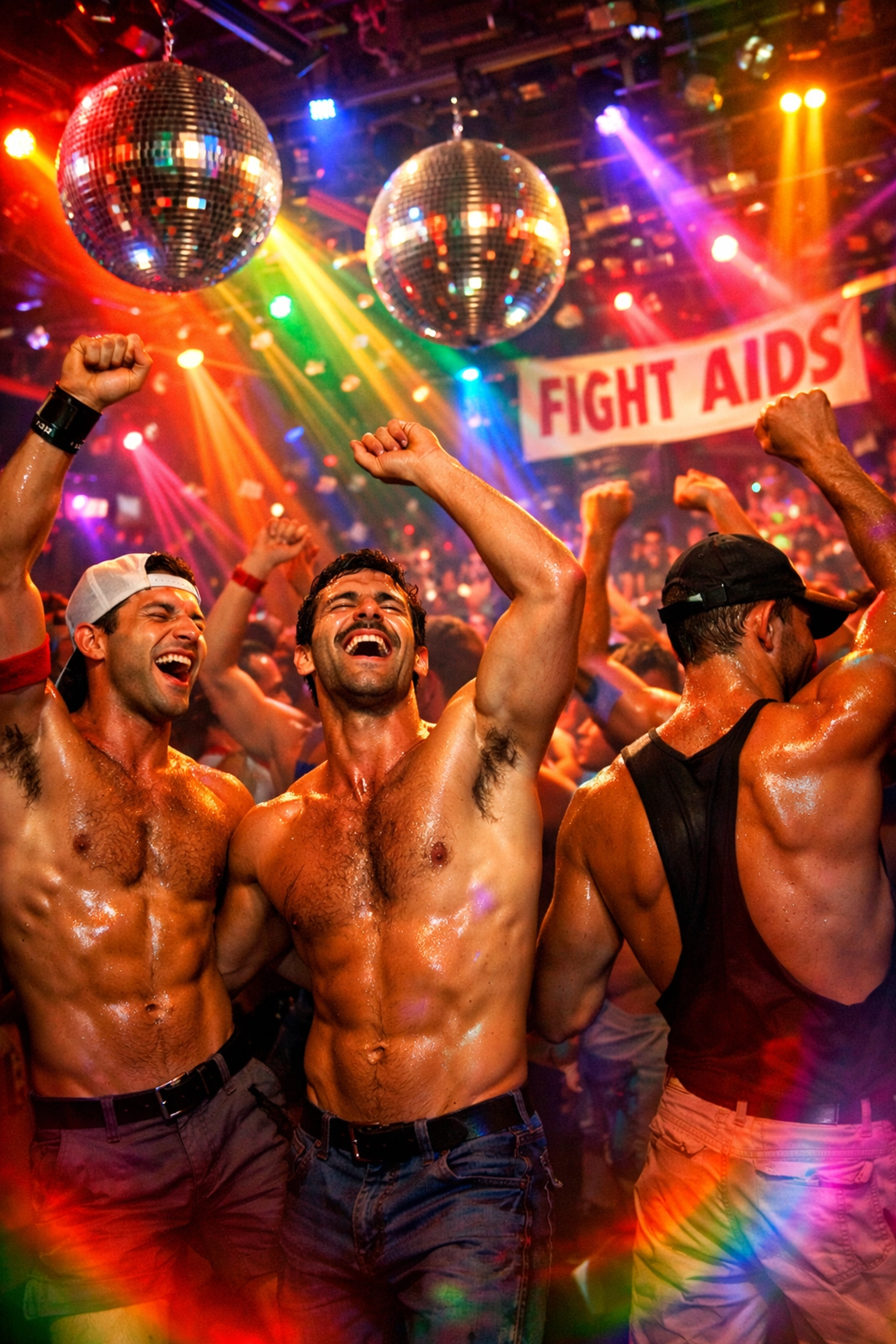 Circuit party fundraiser with gay men dancing for AIDS causes in 1980s