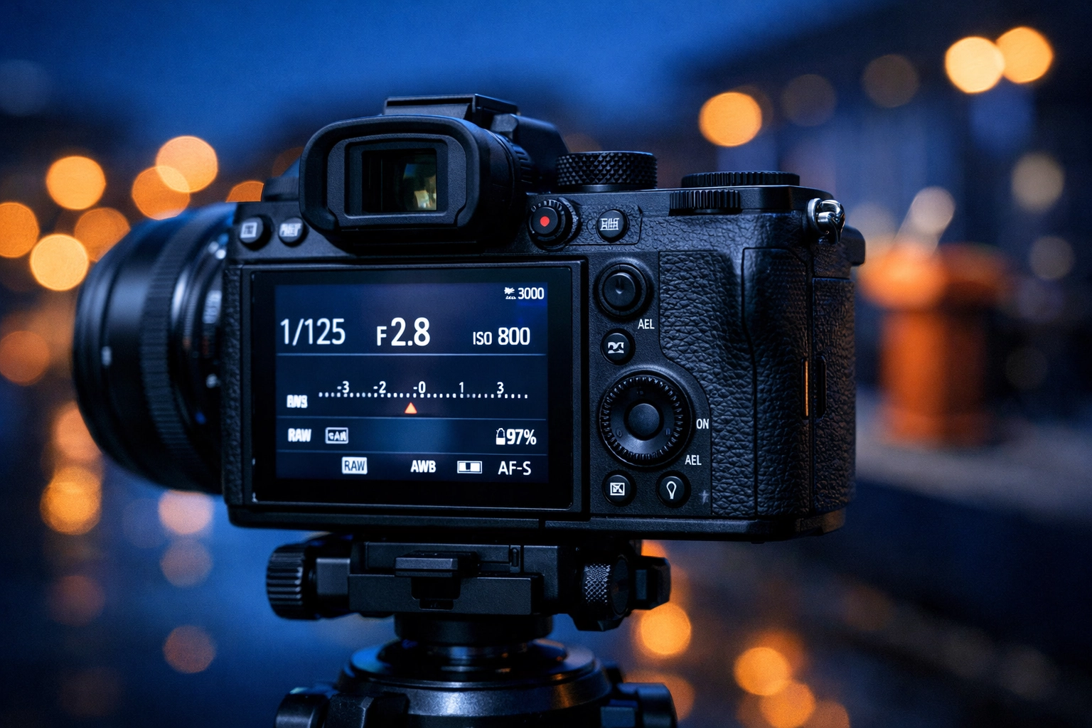 Modern mirrorless camera on a tripod during a blue hour shoot for a professional gear review.