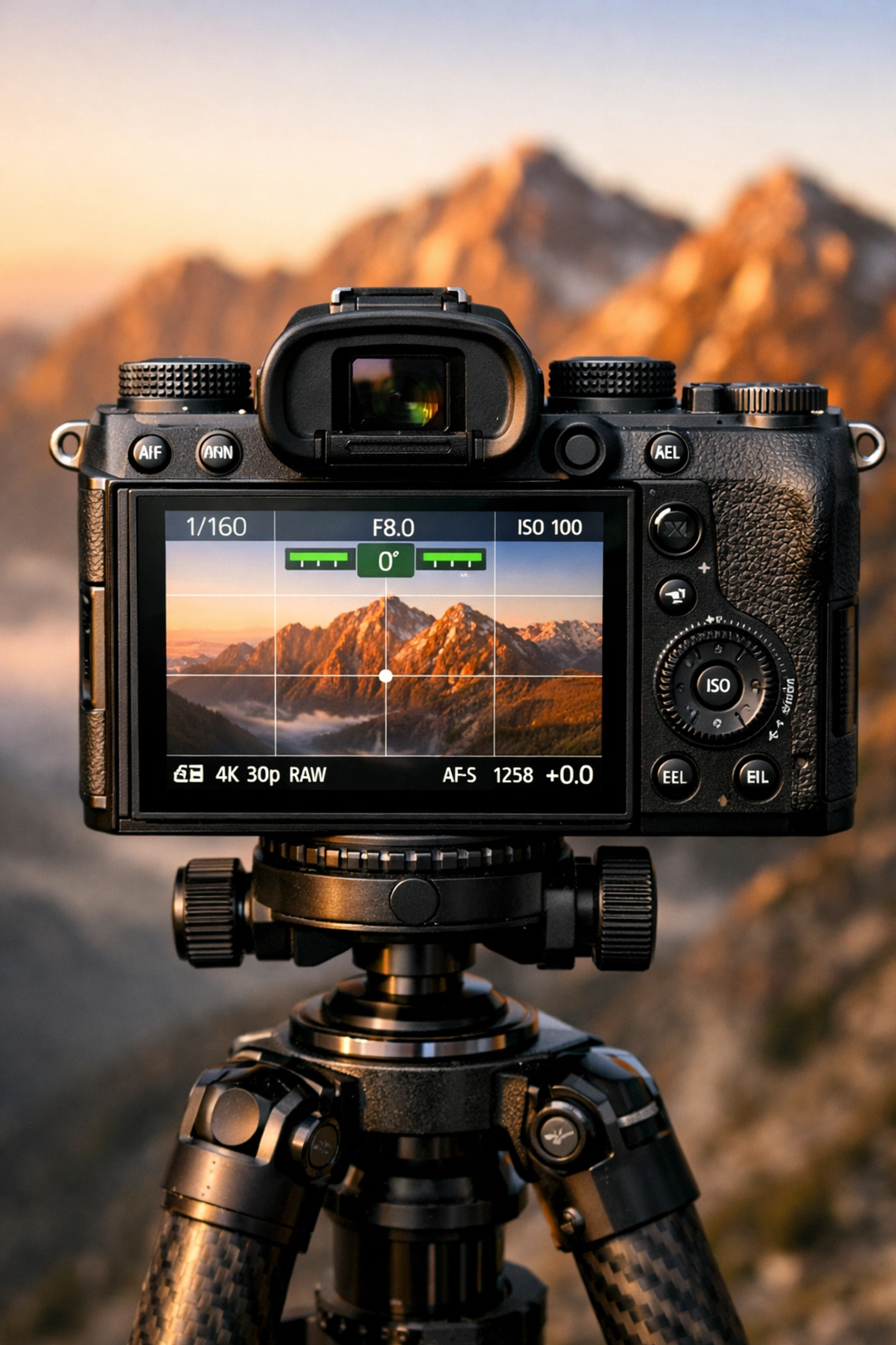A mirrorless camera on a tripod using a digital level to ensure a straight horizon in landscape photography.