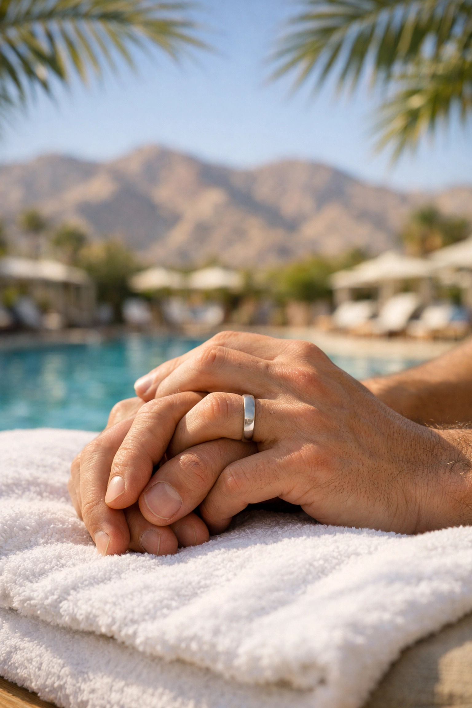 Gay couple holding hands at Palm Springs romantic clothing-optional retreat
