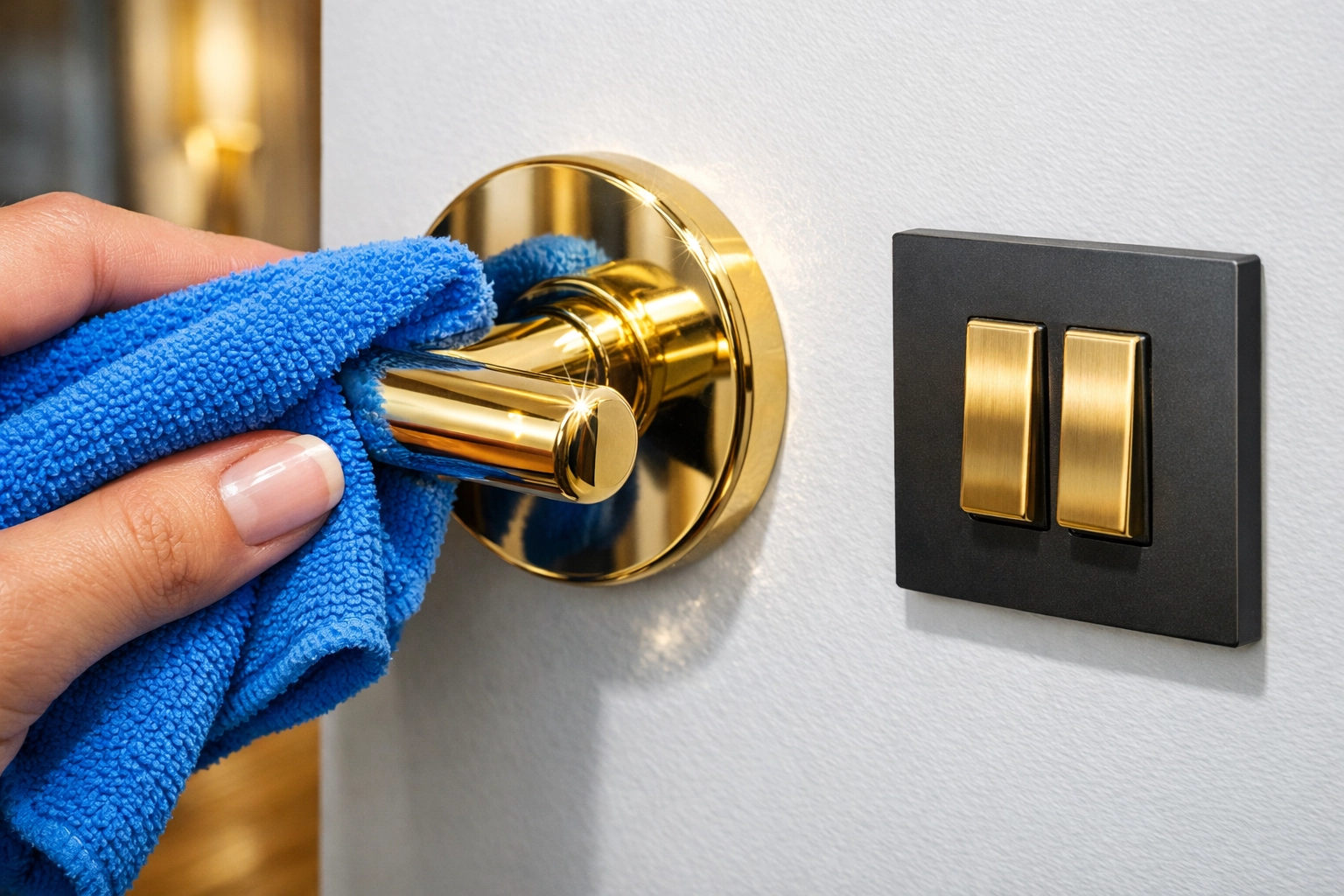 Disinfecting high-touch brass door handles and light switches during a Hopkinton house cleaning service.