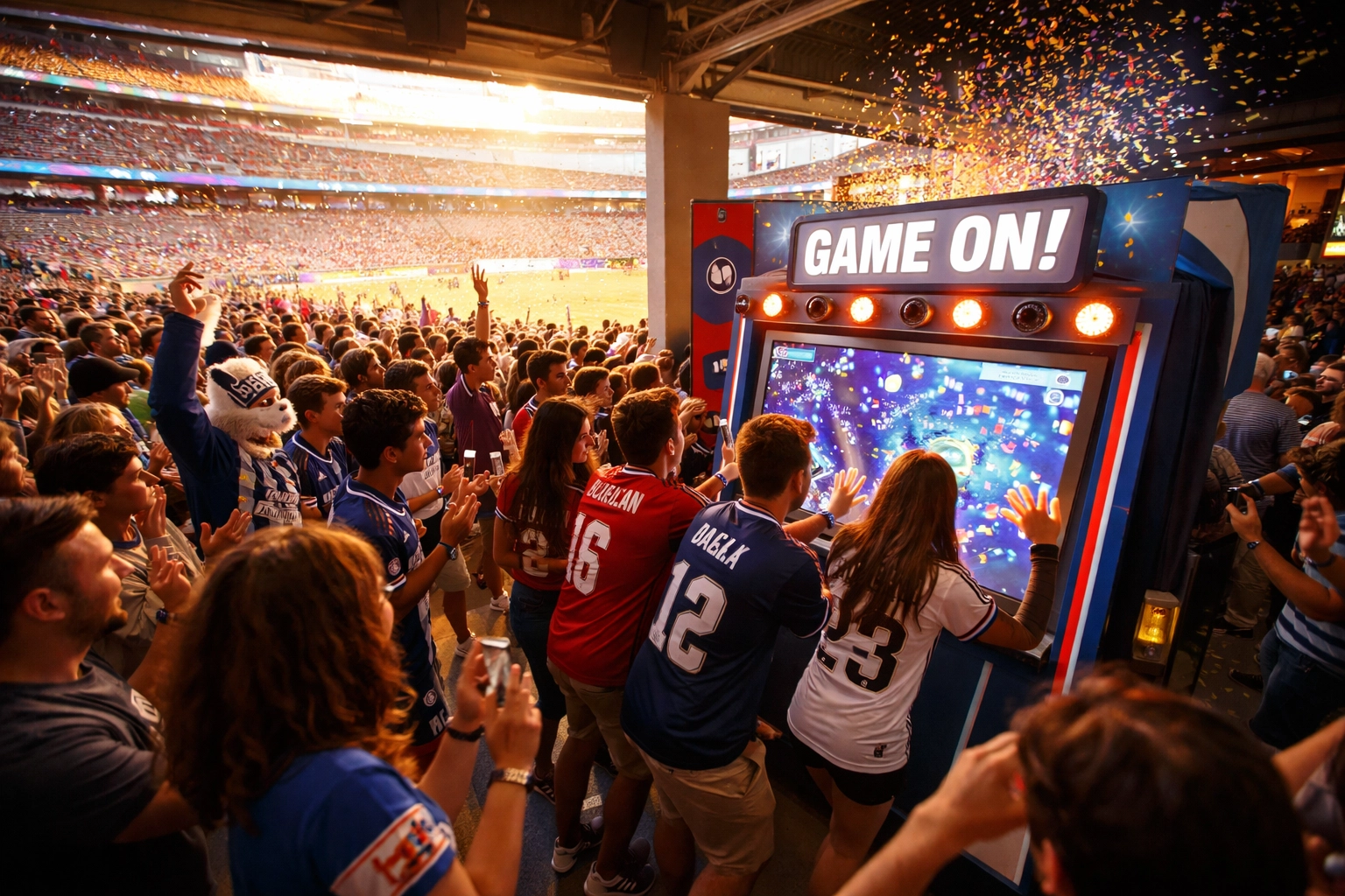 Sports fans engaging with interactive brand activation at stadium during live game event