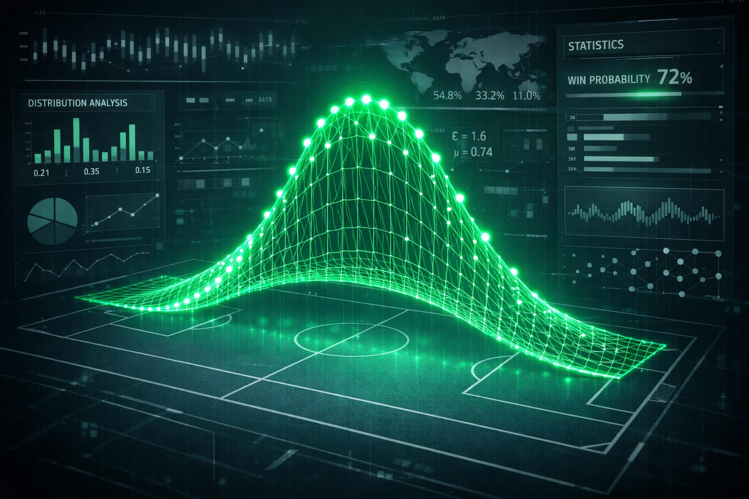 A probability model bell curve over a football pitch for AI-driven match analysis and risk decoding.